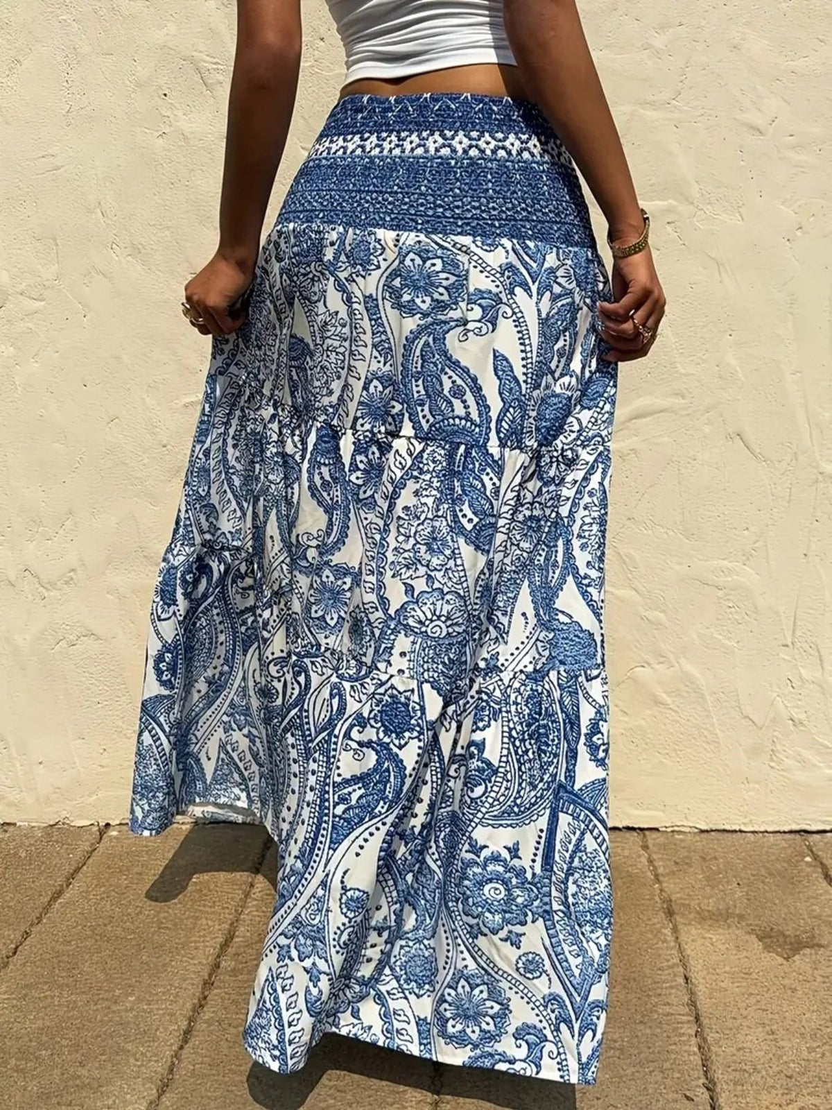 Smocked Paisley Print Maxi Skirt