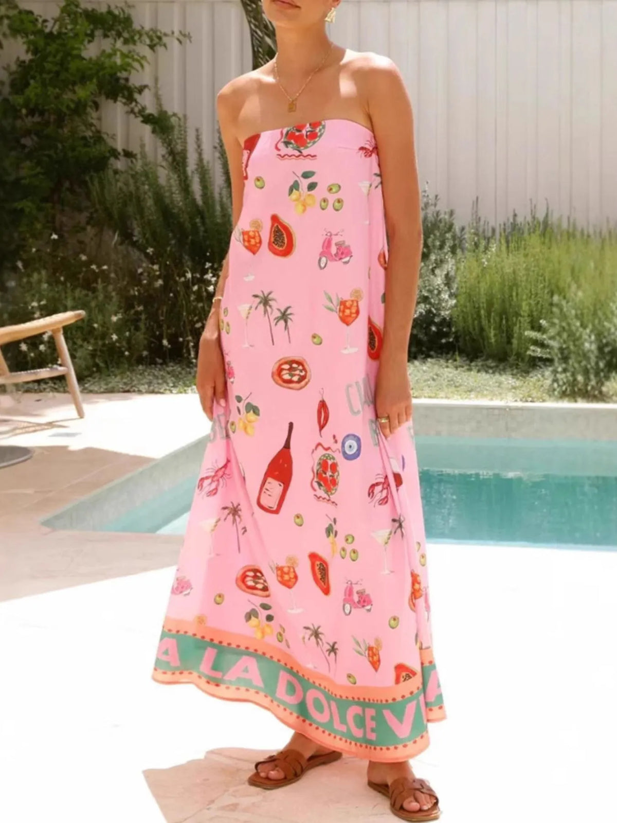 Printed Strapless Maxi Dress in Pink