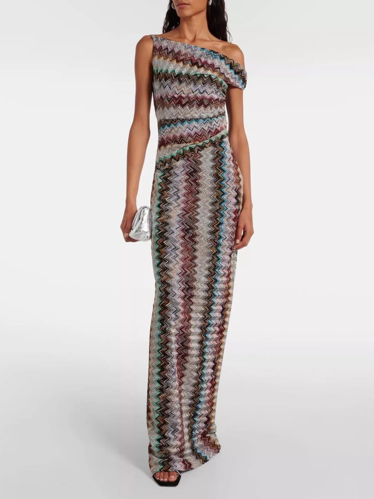 One-Shoulder Zigzag Knit Maxi Dress in Multicolor