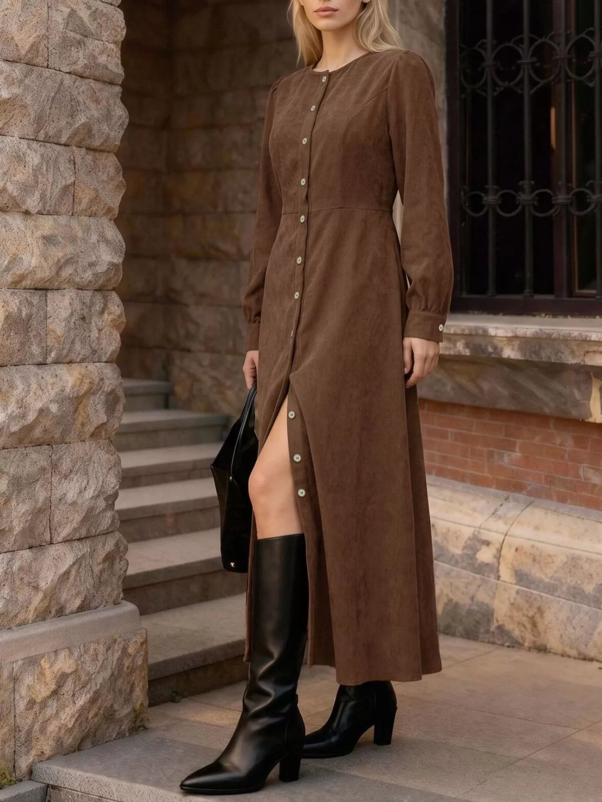 Corduroy Button-Down Maxi Dress in Coffee Brown