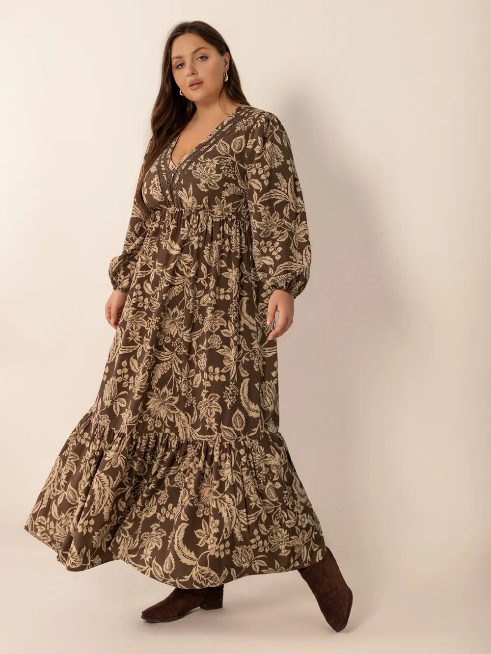 Printed V-Neck Balloon Sleeve Dress in Camel