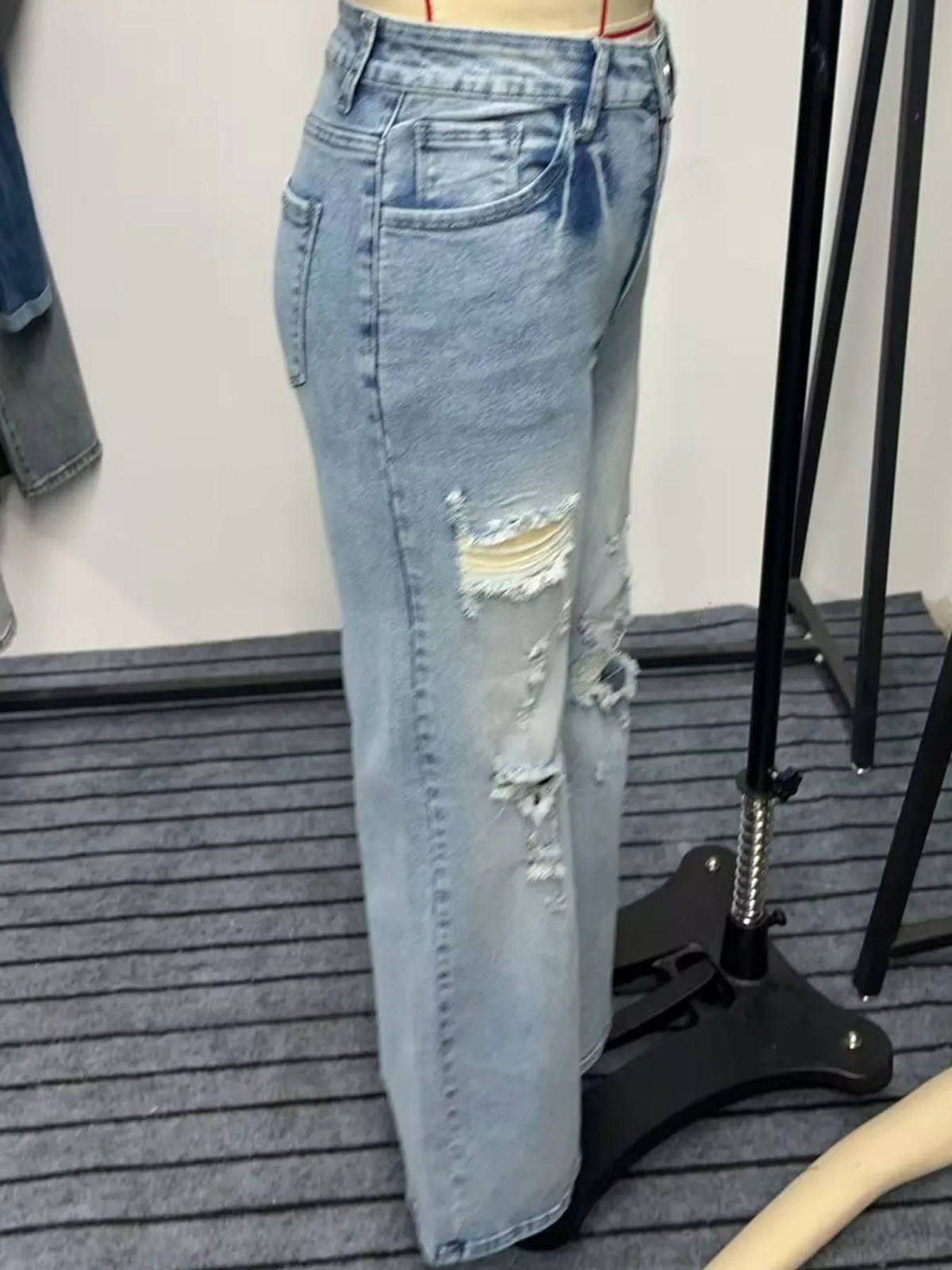 High-Waisted Distressed Wide-Leg Jeans in Peacock Blue