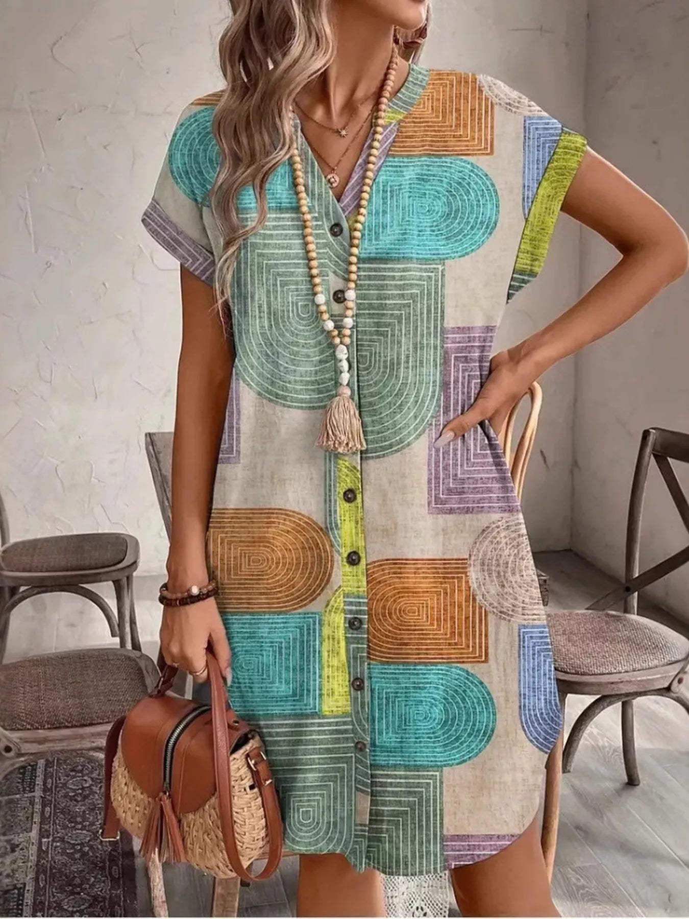Geometric Print Shirt Dress in Multicolor