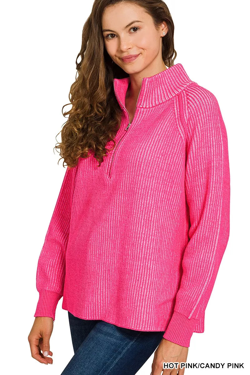Zenana Ribbed Half Zip Sweater in Hot Pink & Candy Pink in Hot pink/candy pink