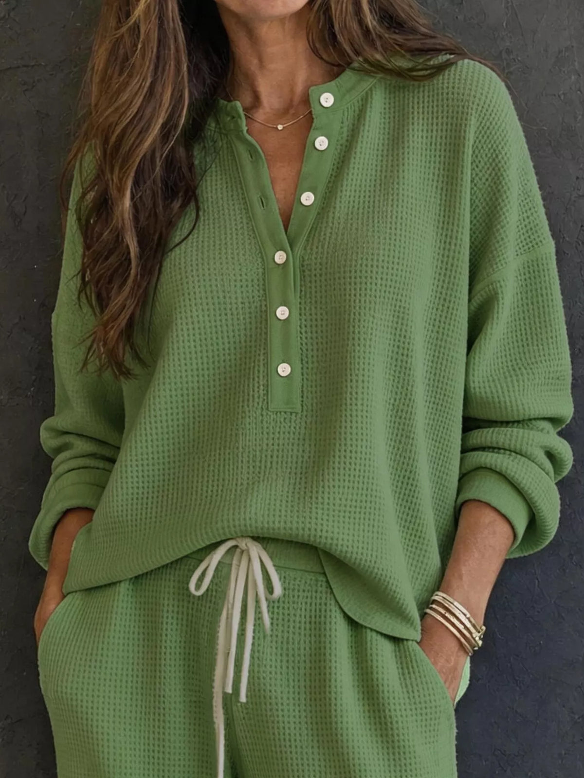 Waffle-Knit Button Detail Top and Pants Set