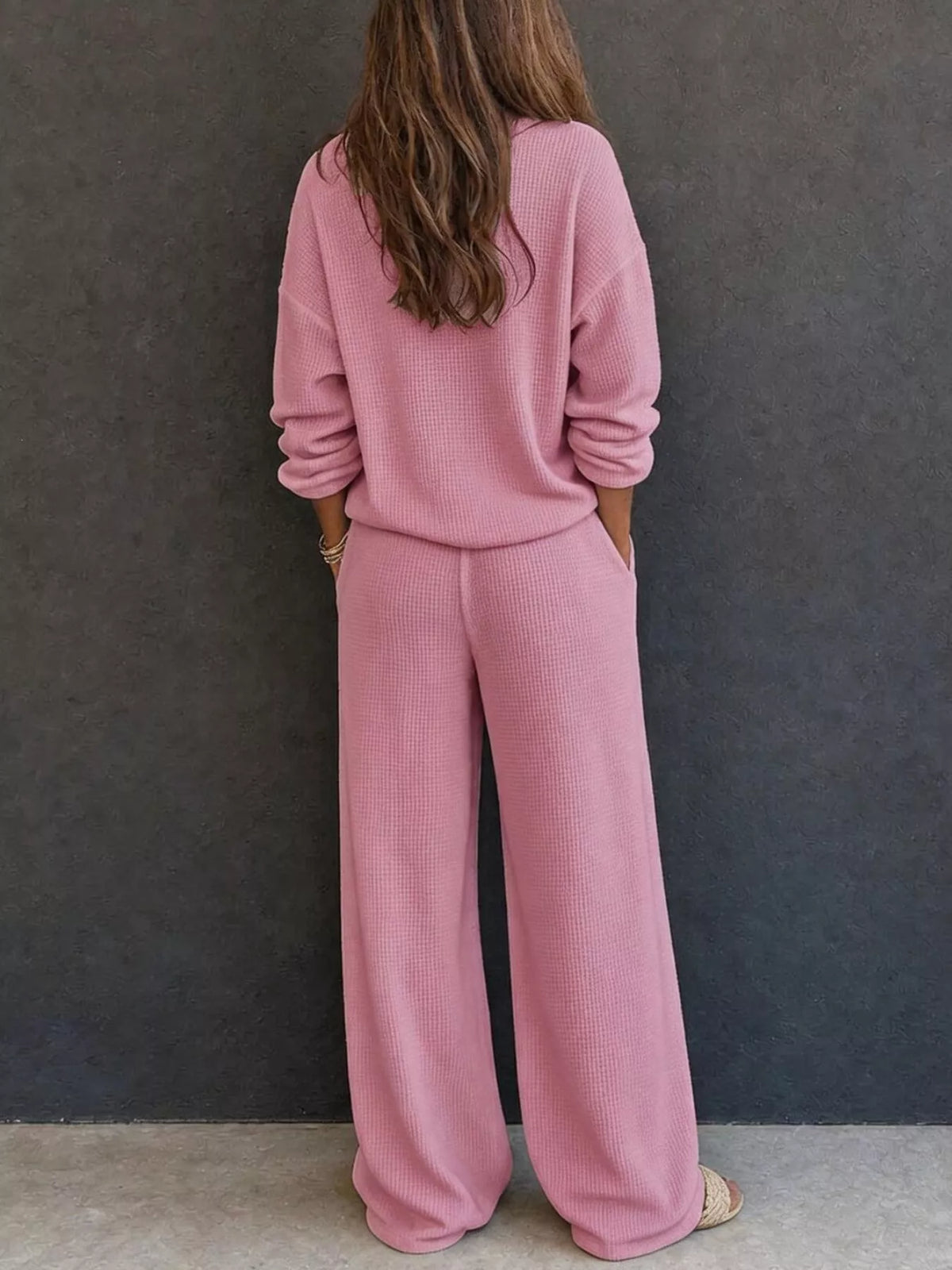 Waffle-Knit Button Detail Top and Pants Set