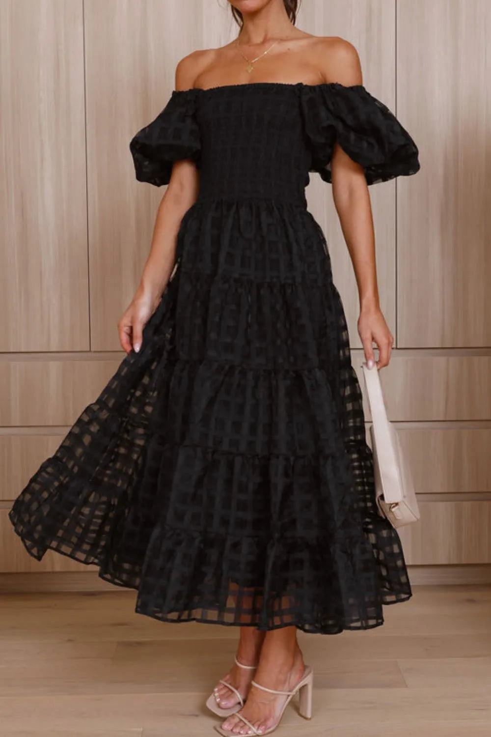 Off Shoulder Puff Sleeve Midi Dress