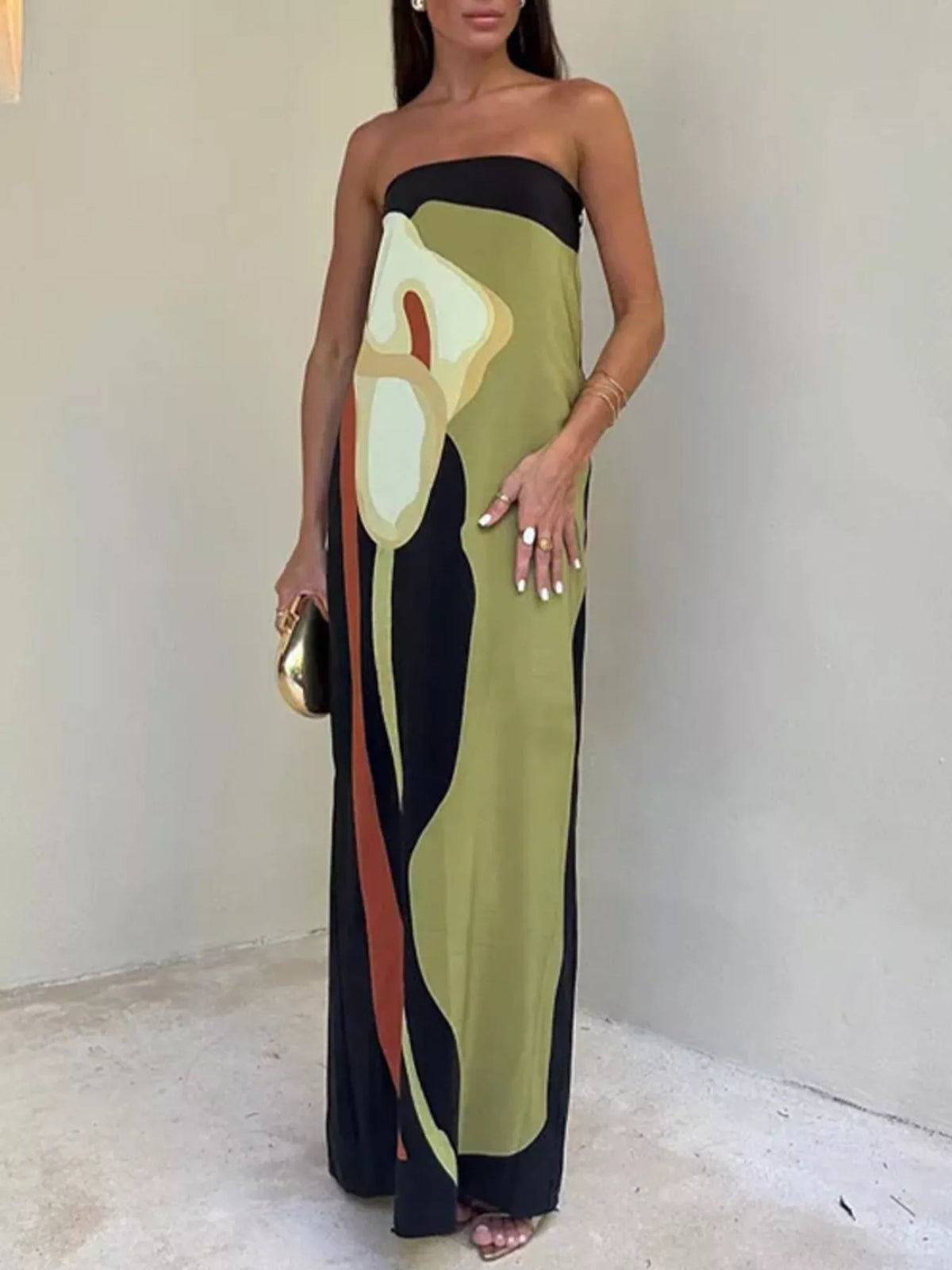 Contrast Strapless Maxi Dress in Matcha Green