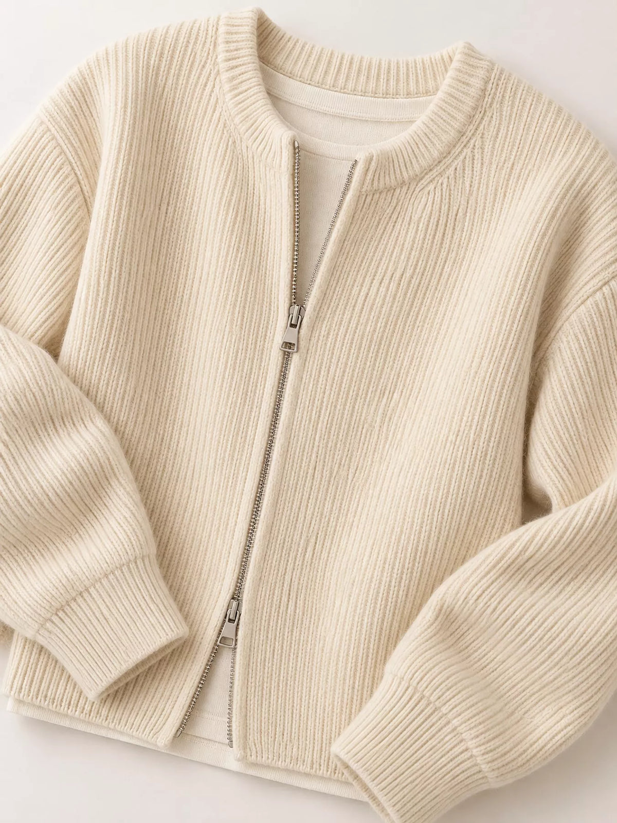 Zip-Up Dropped Shoulder Ribbed Cardigan