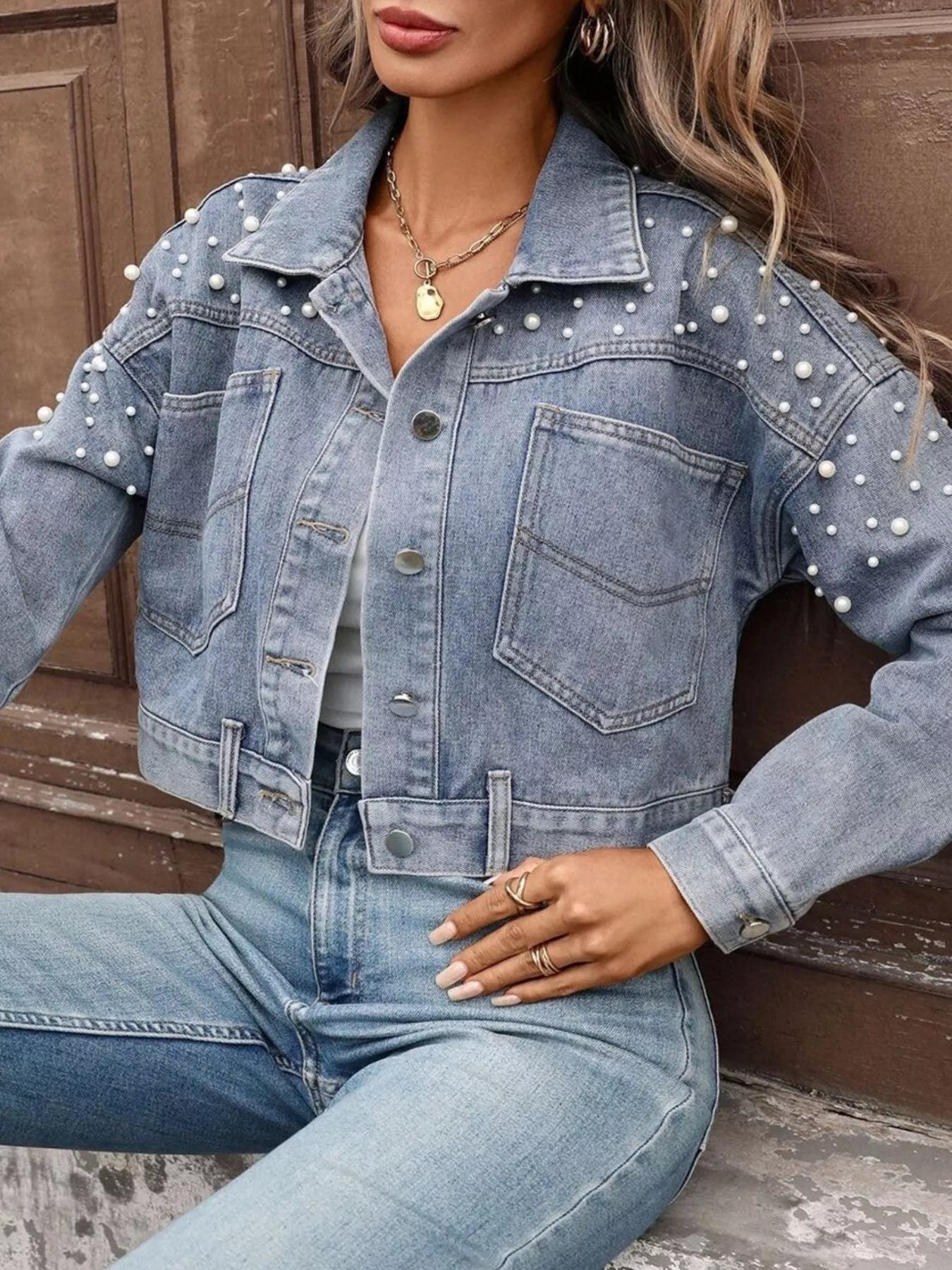 Pearl Embellished Cropped Denim Jacket by Moni Wear