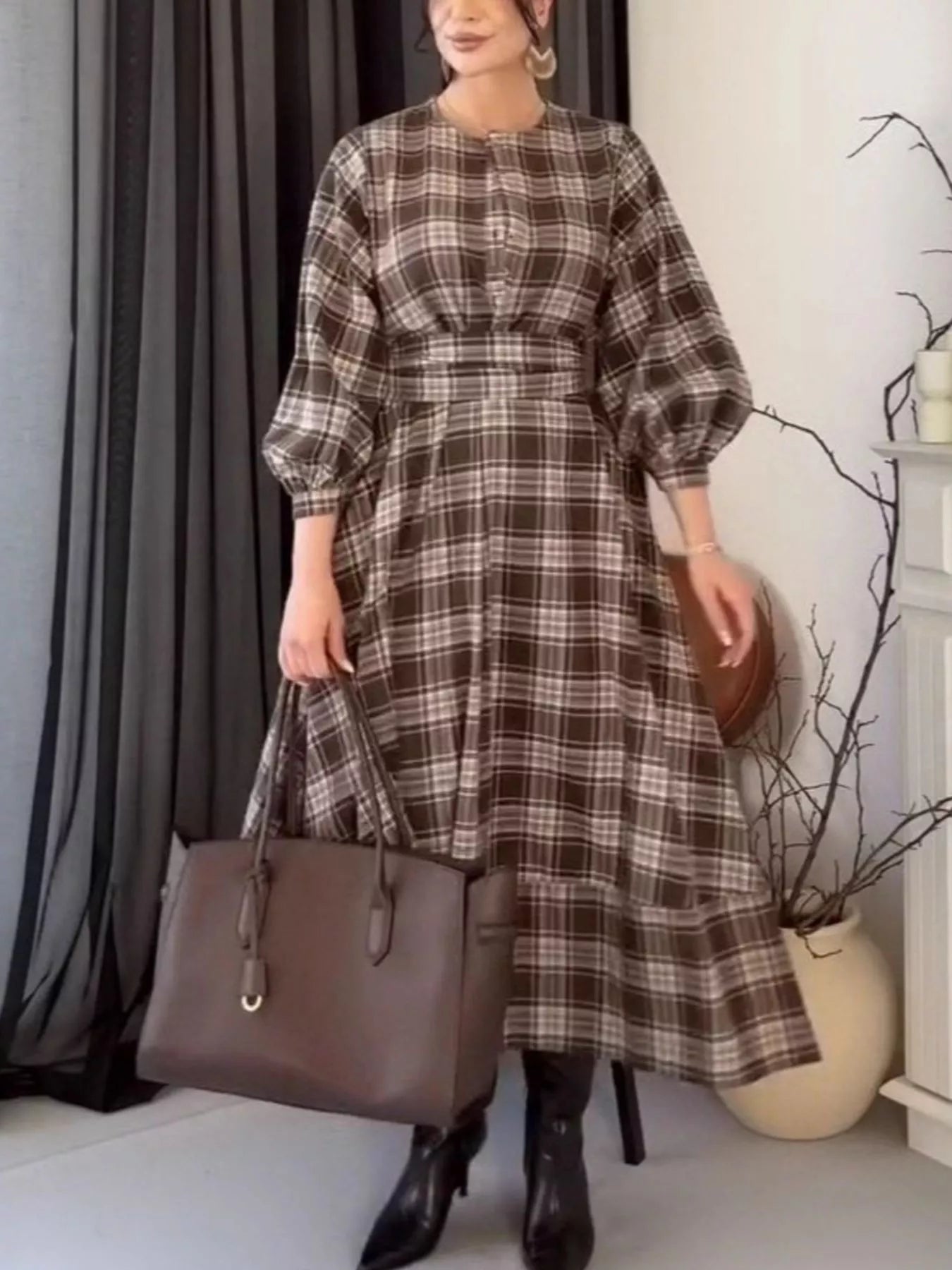 Plaid Puff Sleeve Midi Dress