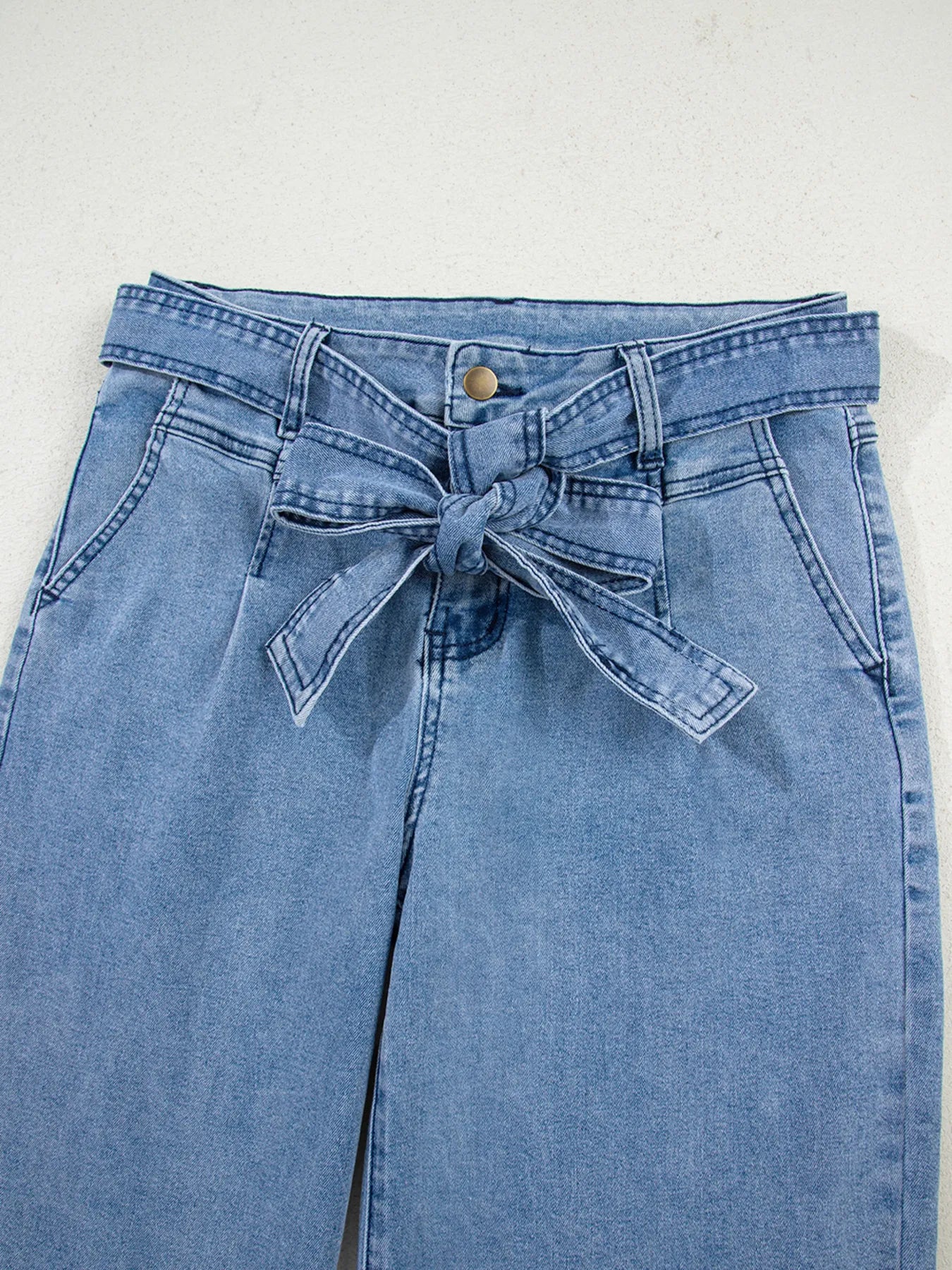 High Waisted Wide Leg Belted Jeans in Medium Wash