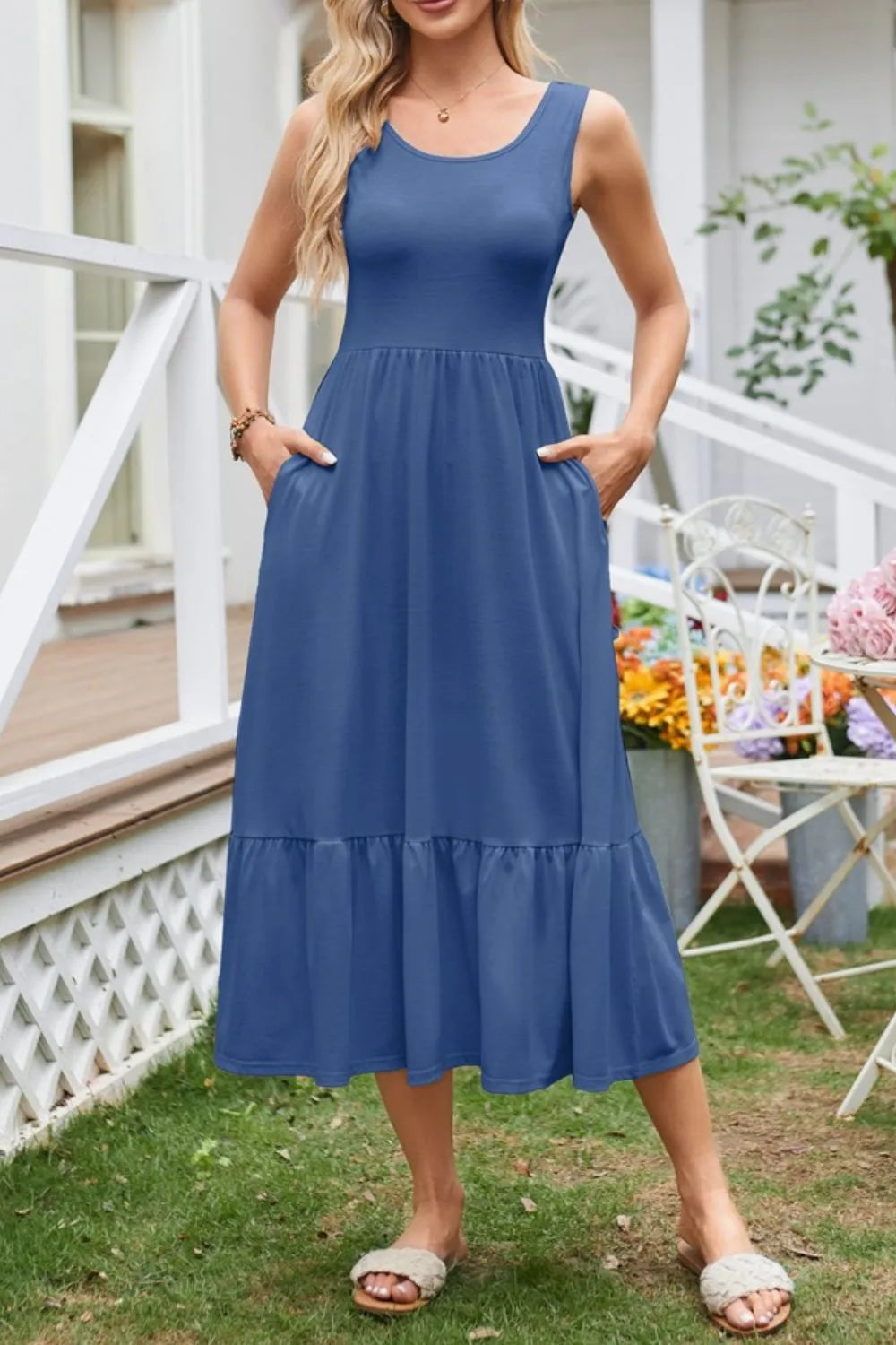 Round Neck Wide Strap Tank Dress by Gen Beauty
