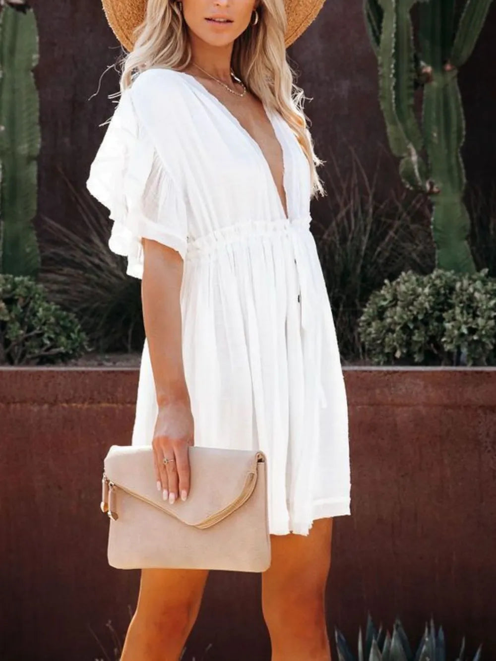 Drawstring Ruffled Mini Dress