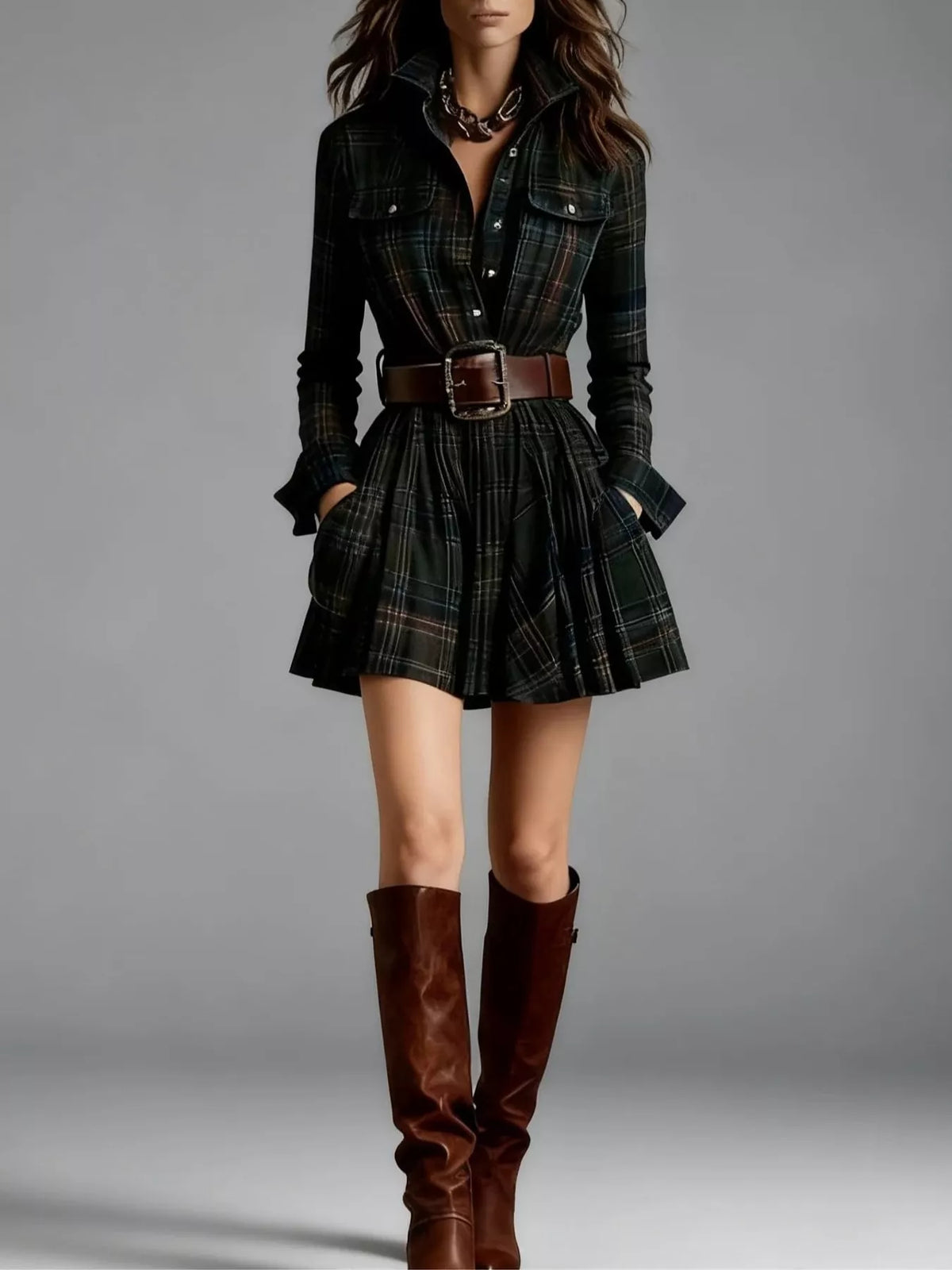 Plaid Long-Sleeve Shirt Dress with Belt