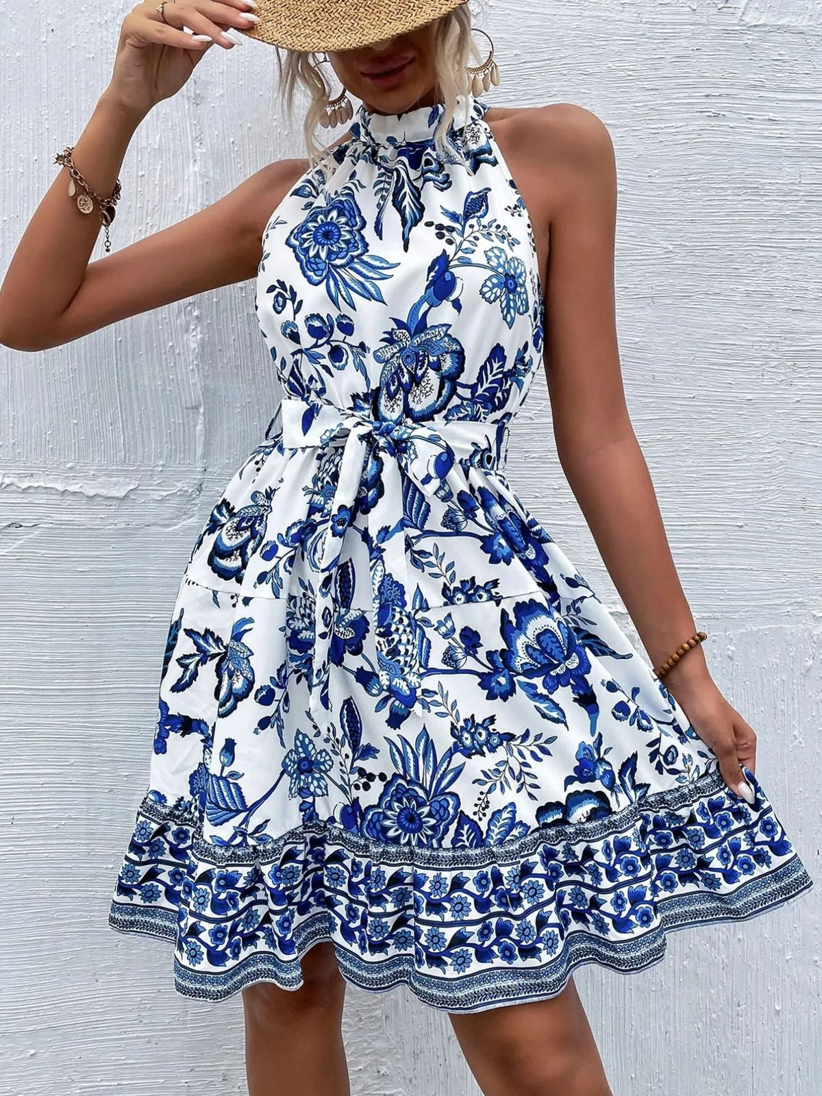 Floral Halter Neck Belted Summer Dress