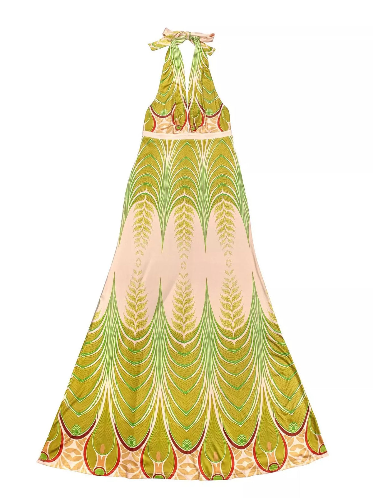 Halter Neck Maxi Dress with Gradient Leaf Print in Yellow-Green