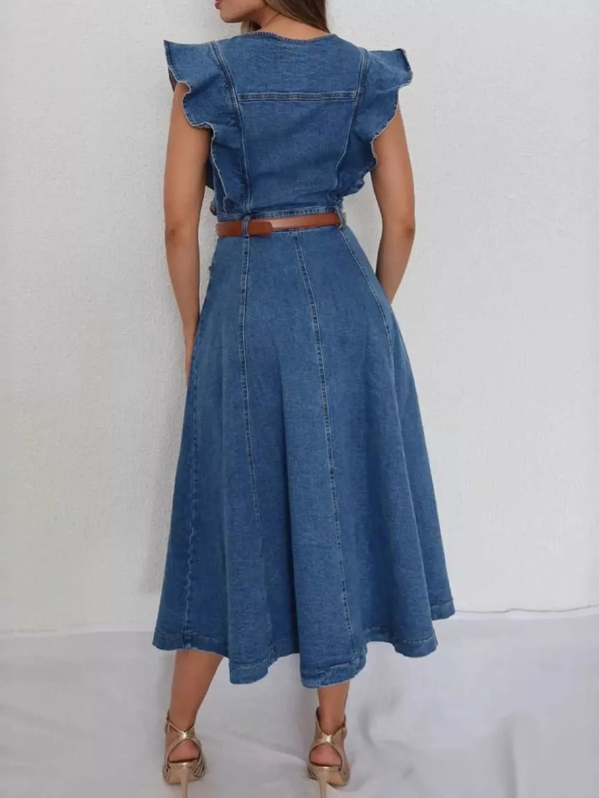 Ruffled Button-Front Denim Dress in Blue
