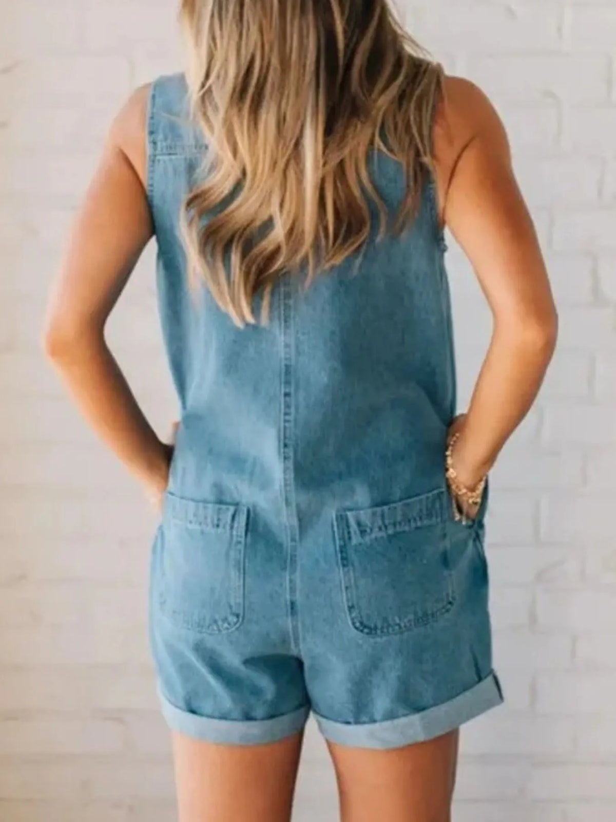 Buttoned Zip-Front Denim Romper in Blue