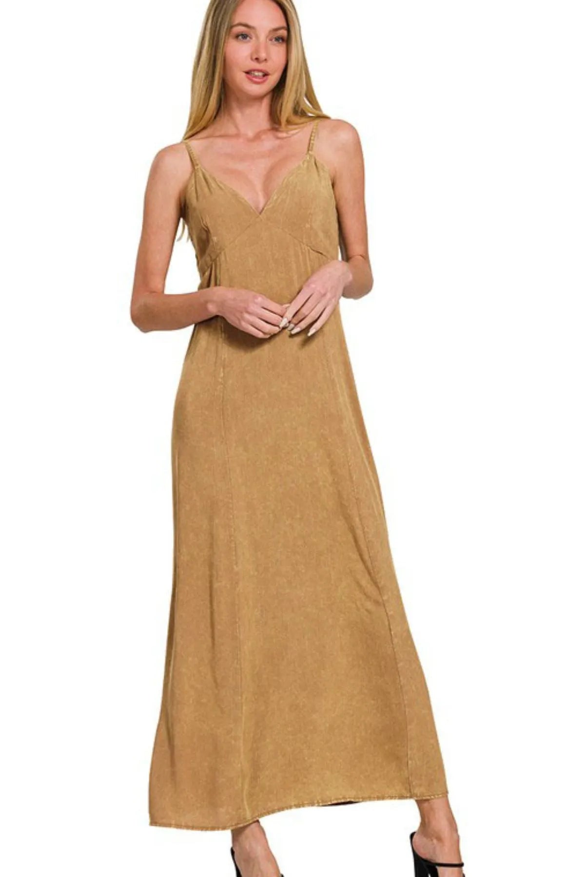 Zenana Mineral Washed Cami Dress in Deep Camel