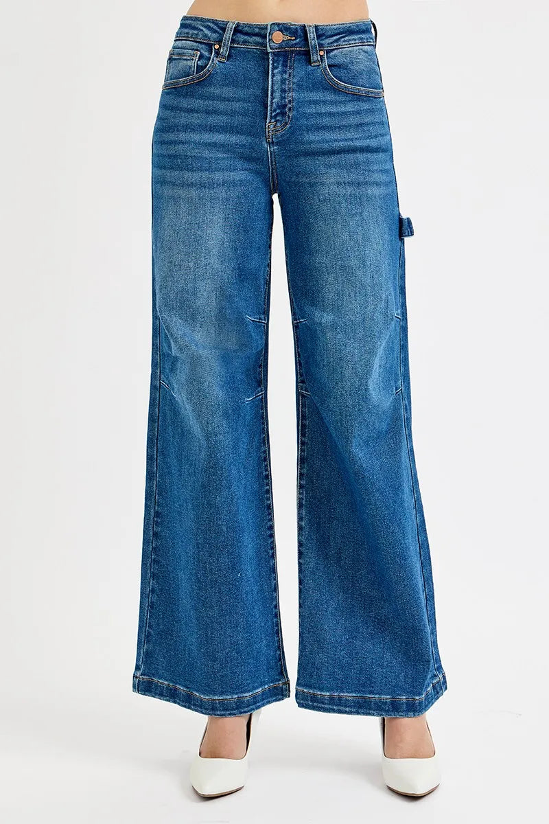 Risen High Rise Wide Leg Jeans with Patch Detail in Dark Wash