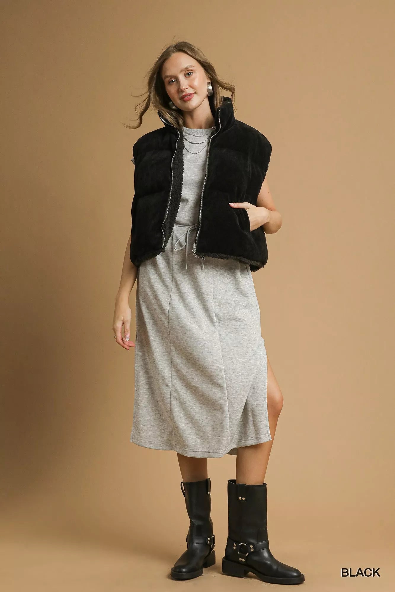 Umgee Sherpa-Lined Zip Vest in Black