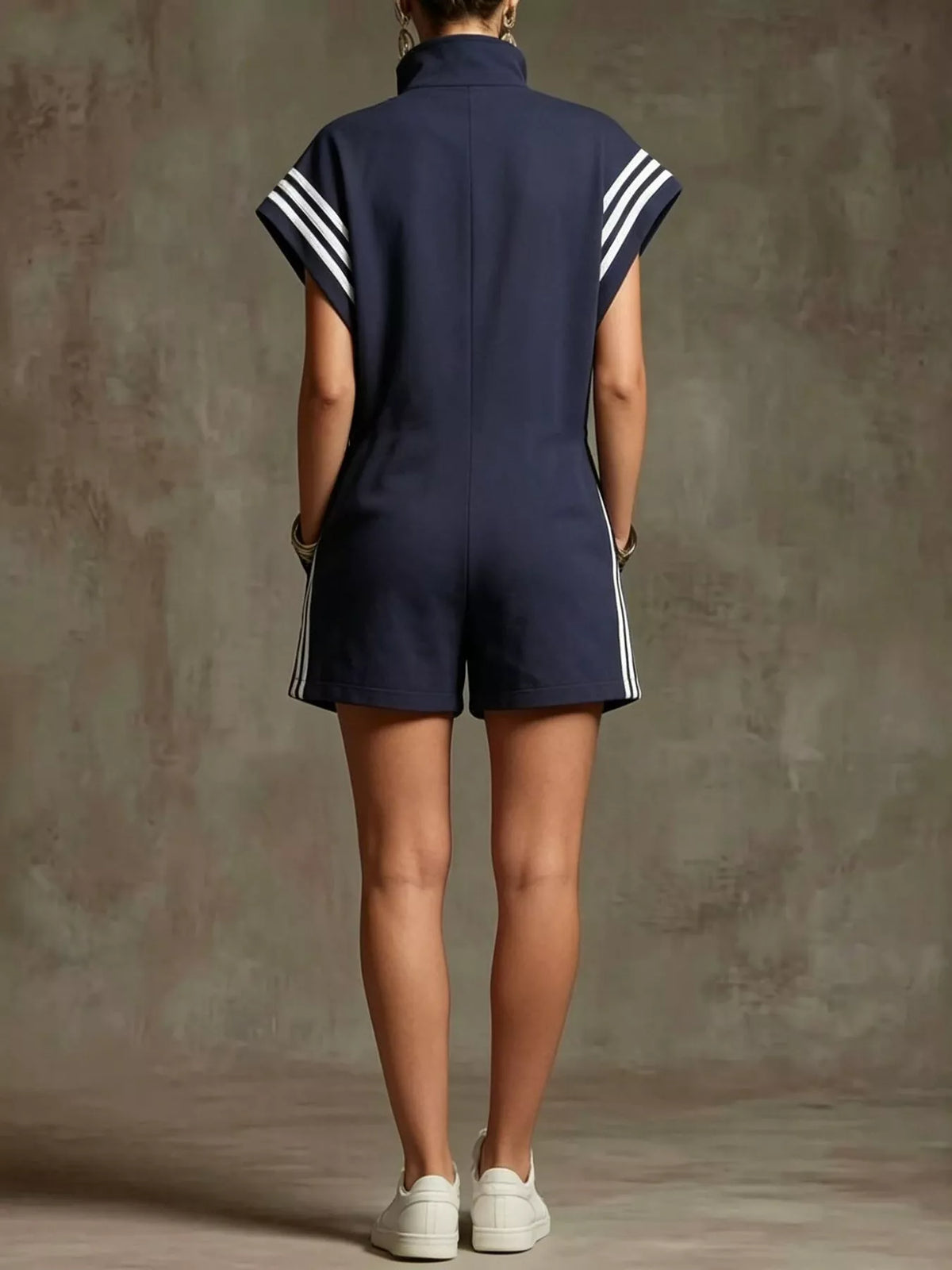 Striped Zip-Front Romper with Pockets