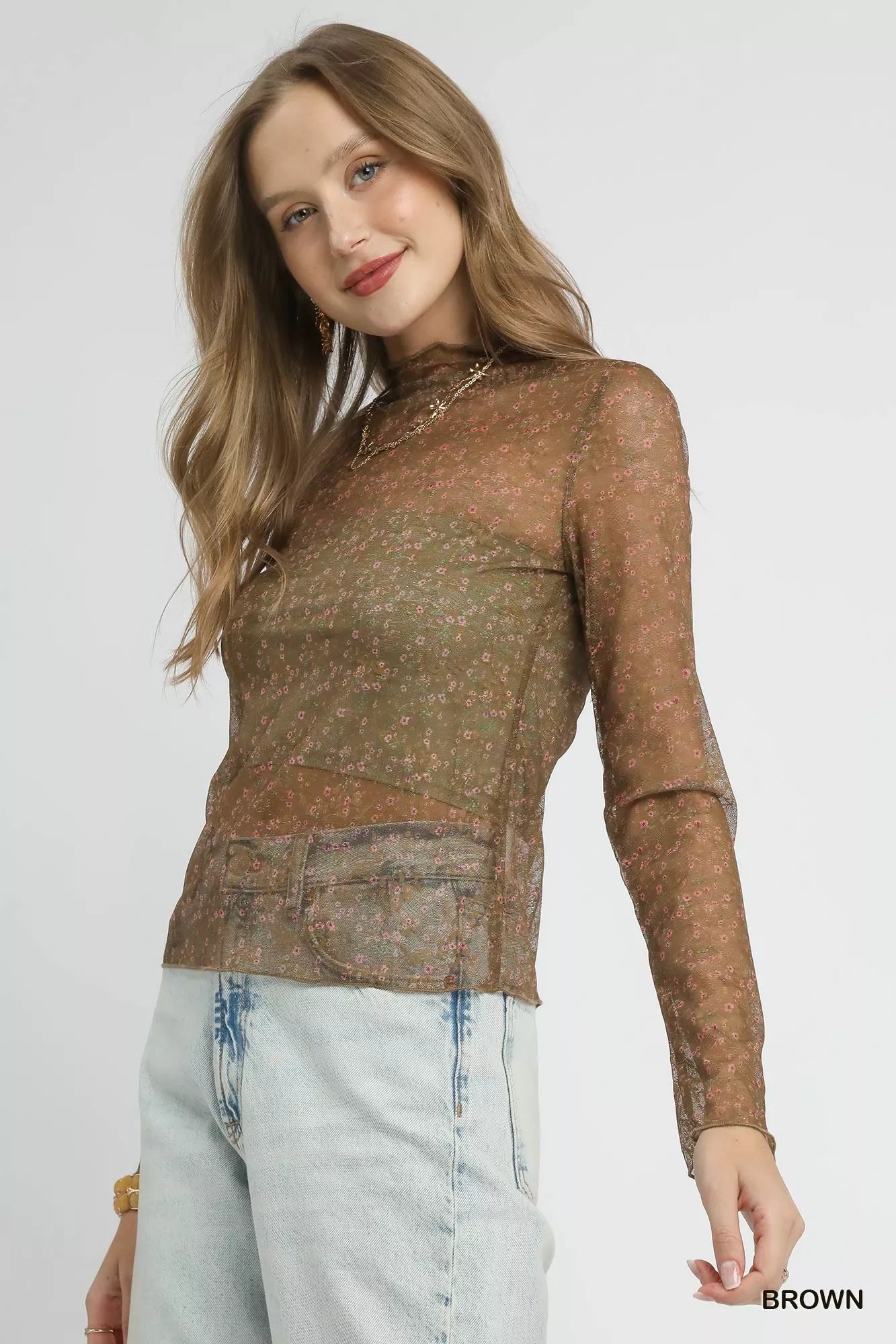Umgee Lace Mesh Long Sleeve Top in Brown