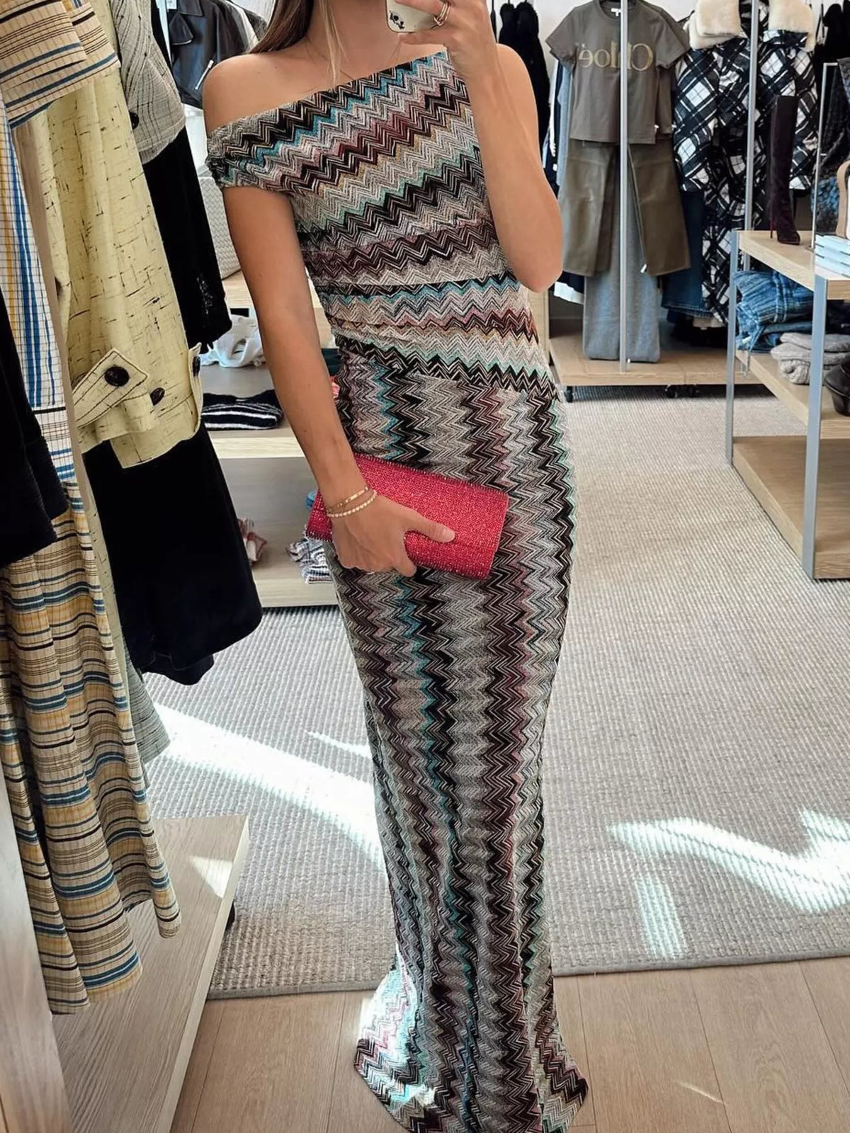 One-Shoulder Zigzag Knit Maxi Dress in Multicolor