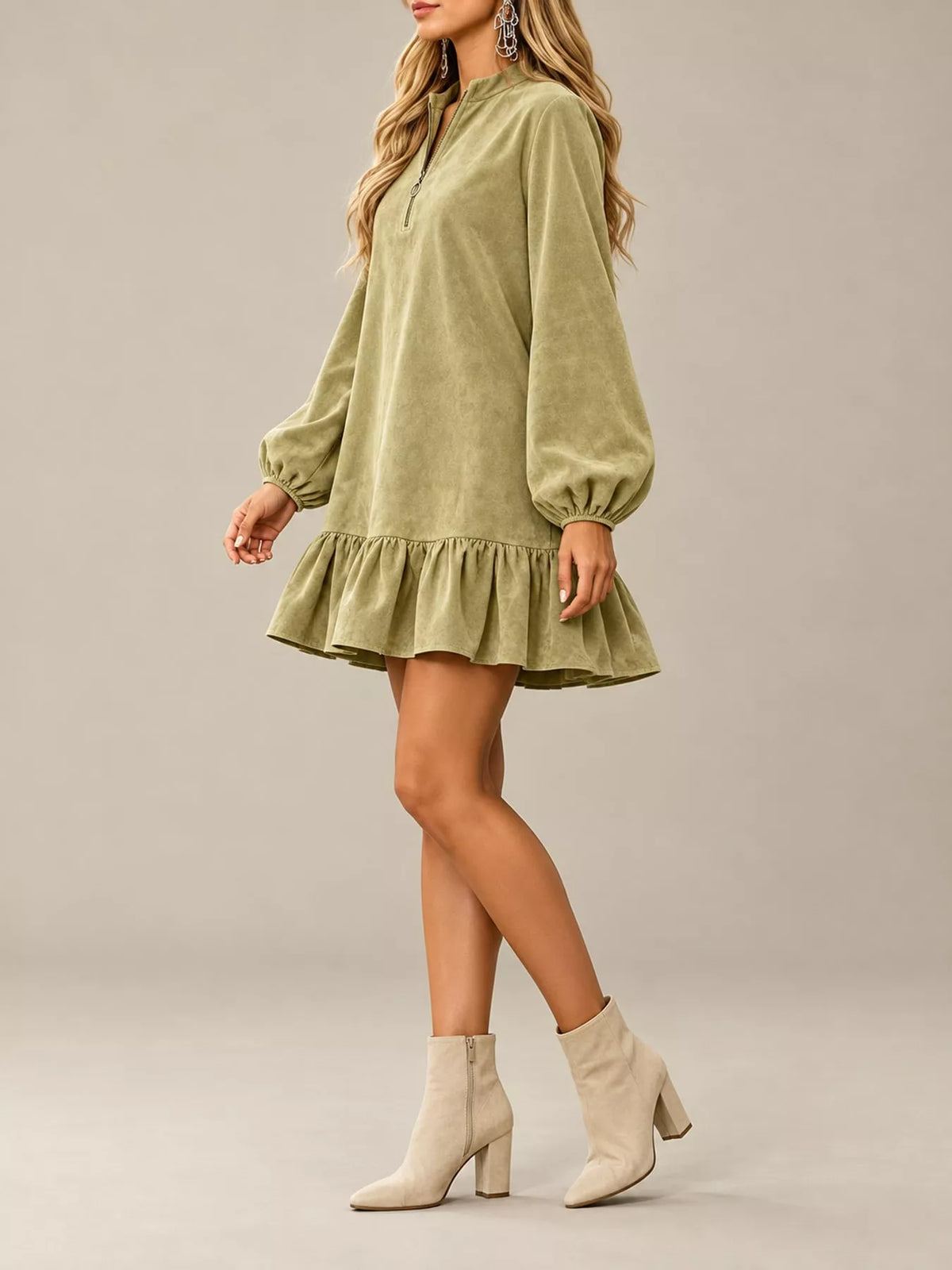 Quarter-Zip Ruffle Hem Mini Dress