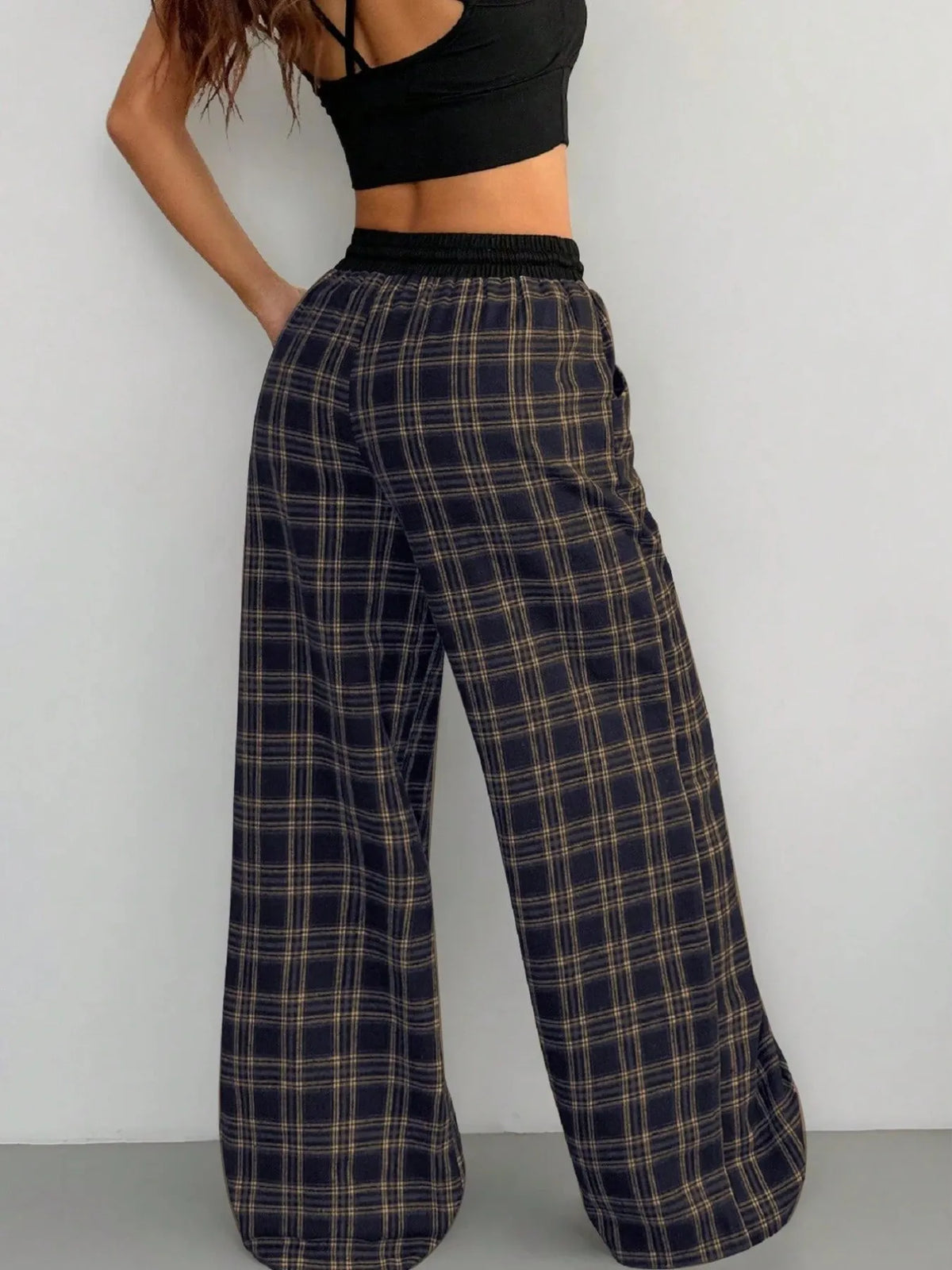 Plaid Wide-Leg Drawstring Pants in Scarlet