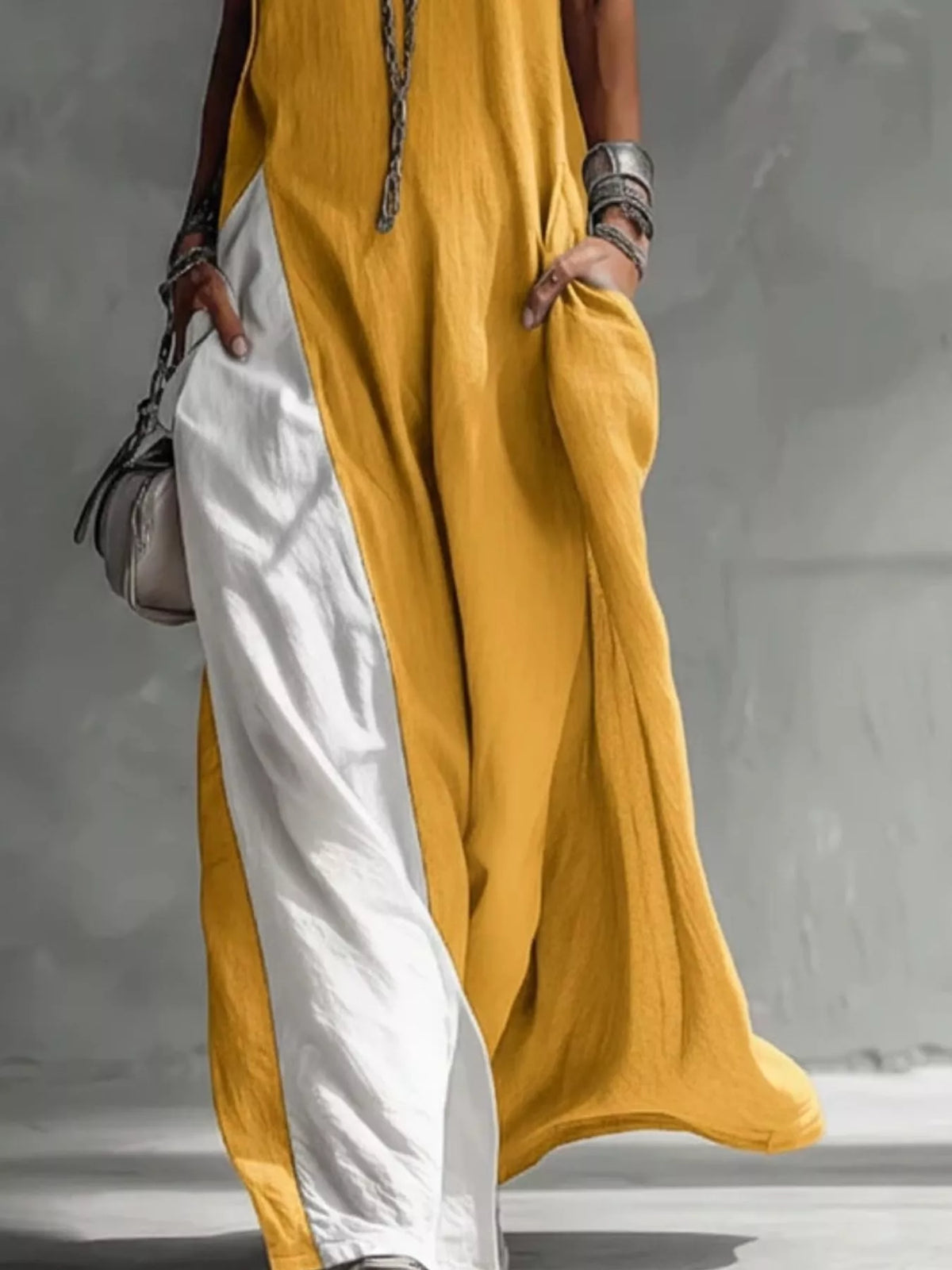 Two-Tone Sleeveless Maxi Dress with Pockets