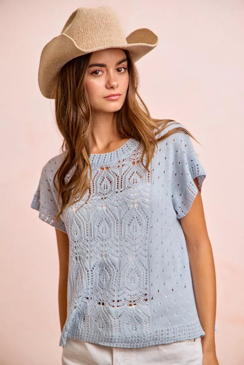Washed Ice Blue Eyelet Knit Top by BiBi