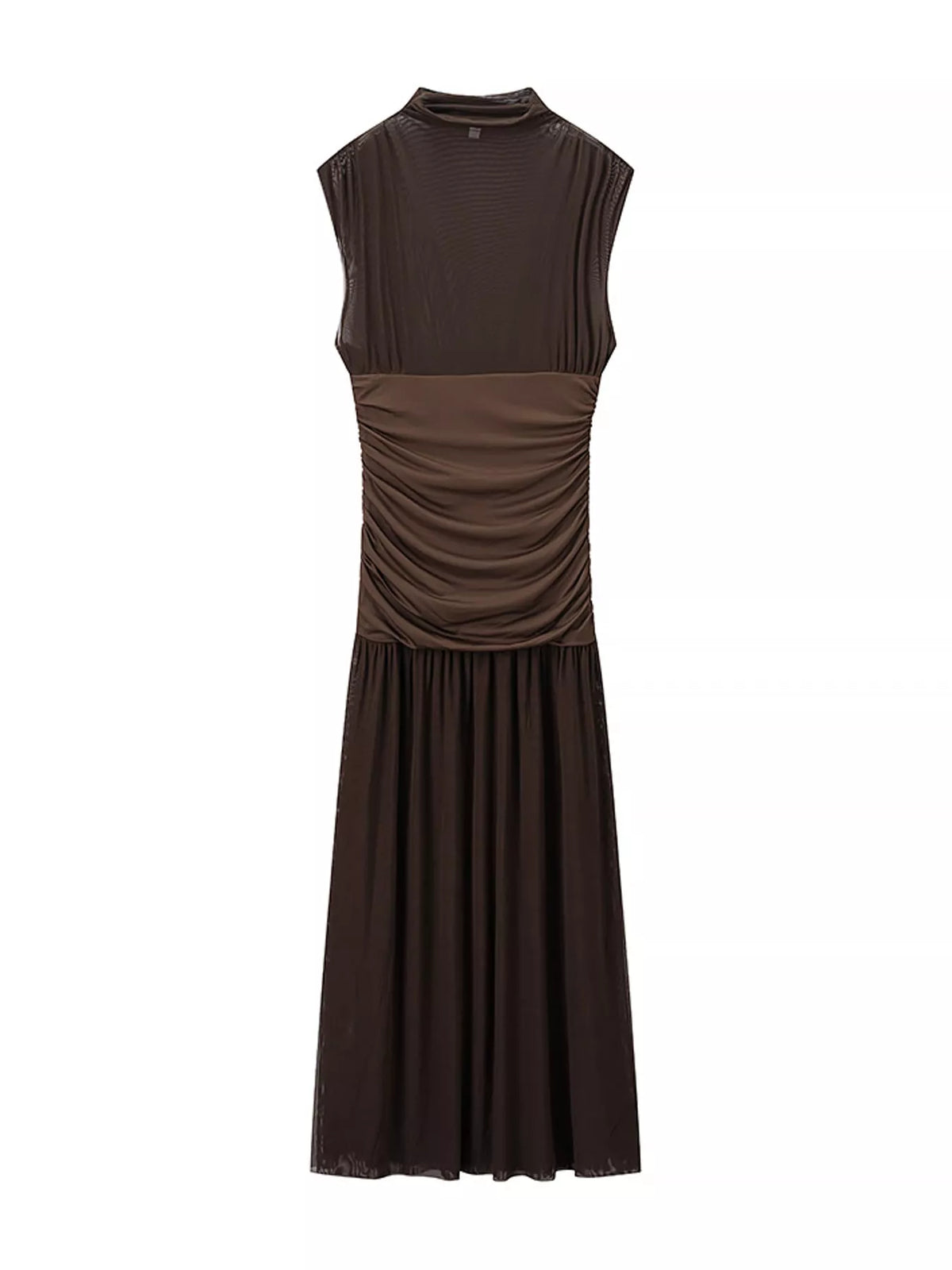 Mock Neck Ruched Mesh Maxi Dress
