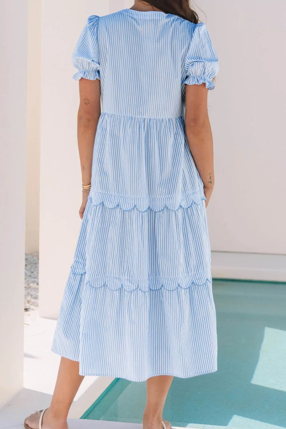 Striped Scallop Tiered Midi Dress in Light Blue