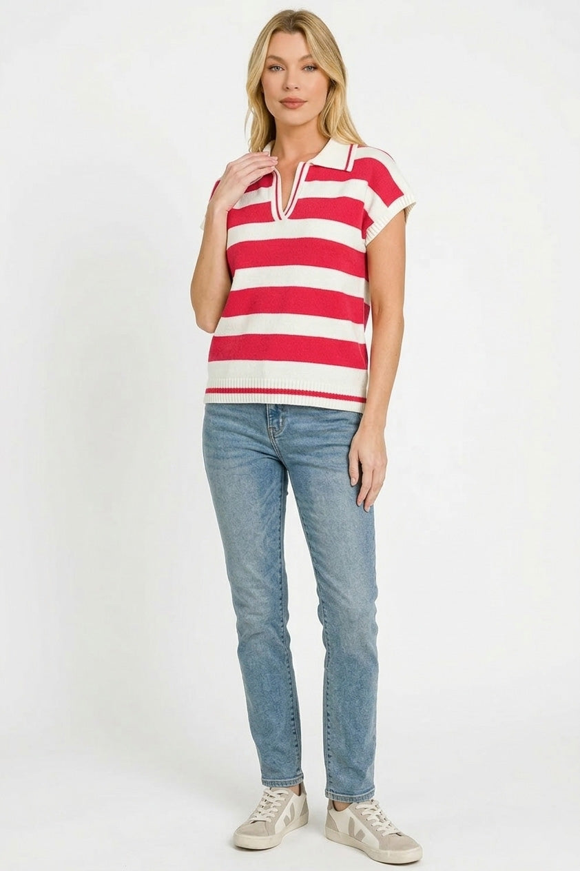 Zenana Striped Collared Short Sleeve Sweater in Red