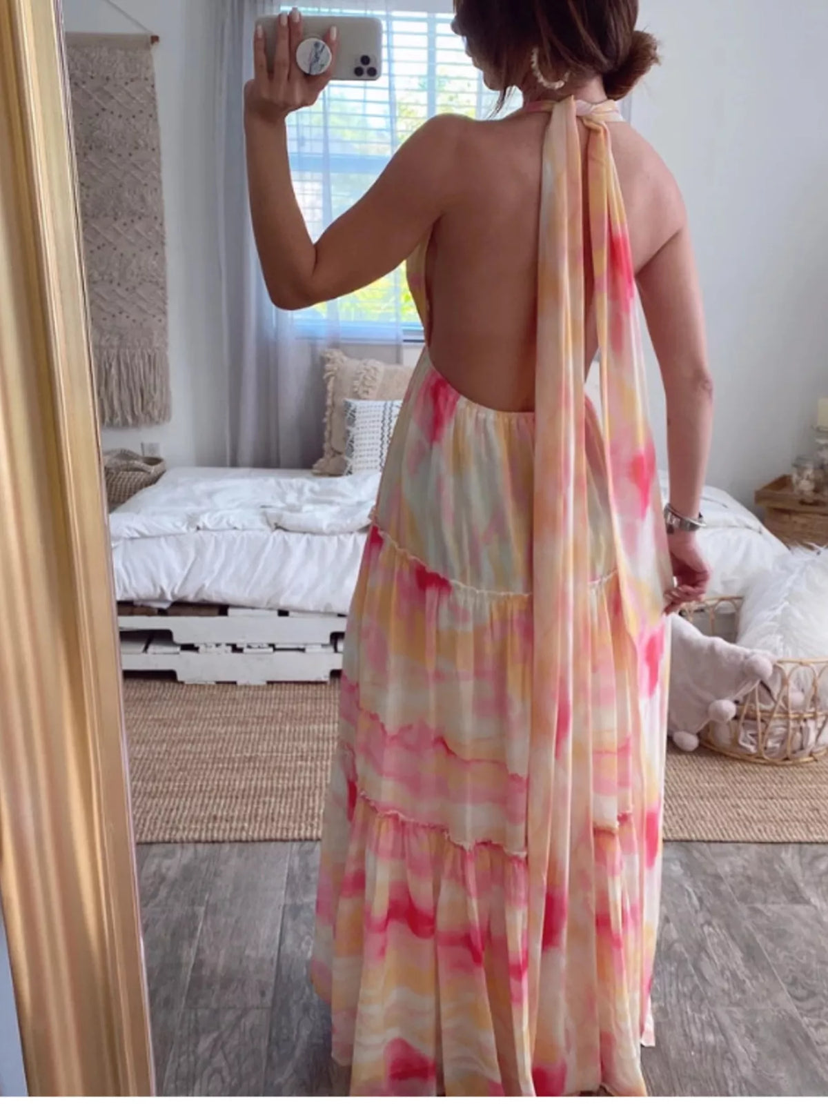 Tie-Dye Tiered Maxi Dress in Pink