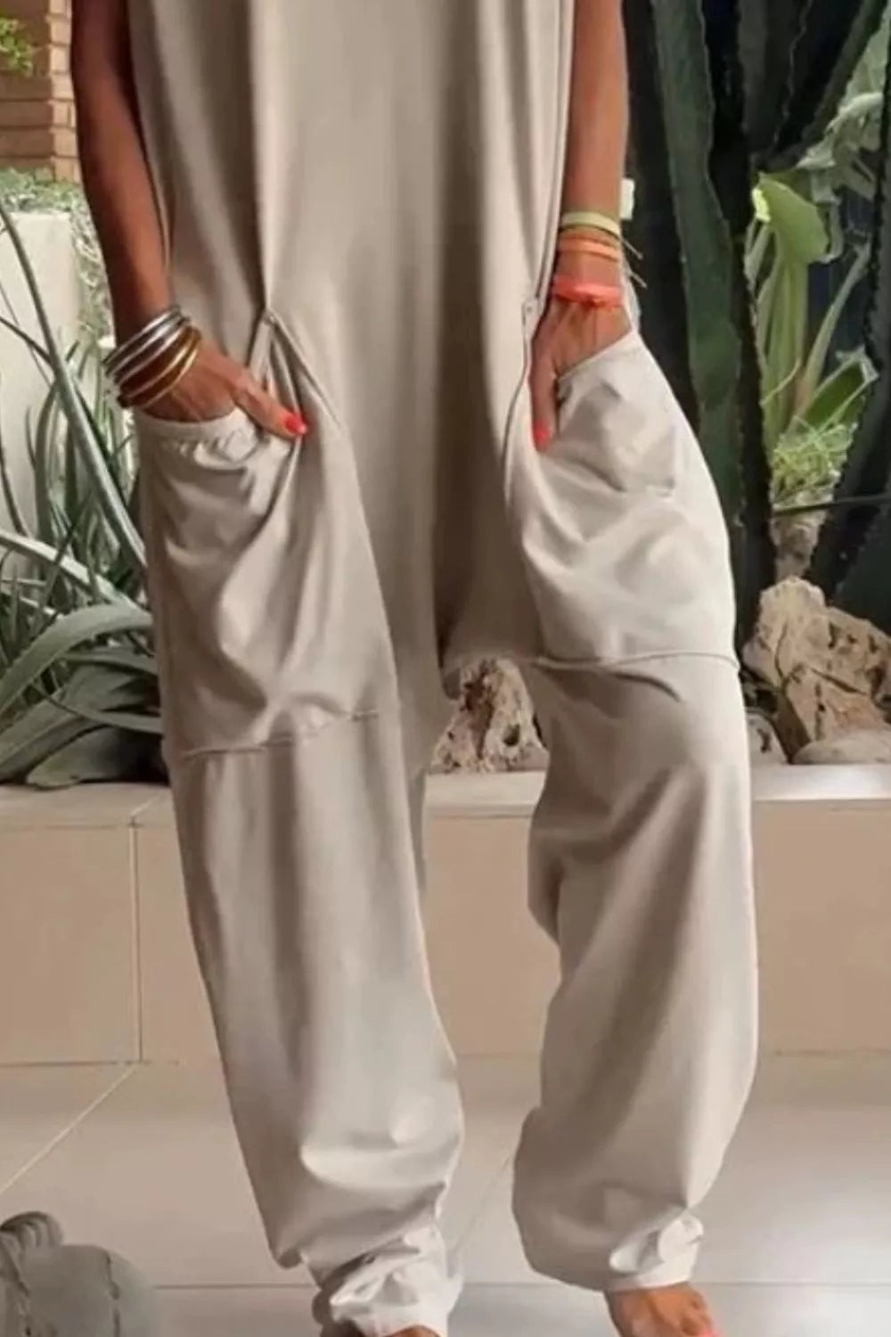 V-Neck Short Sleeve Jumpsuit with Pockets