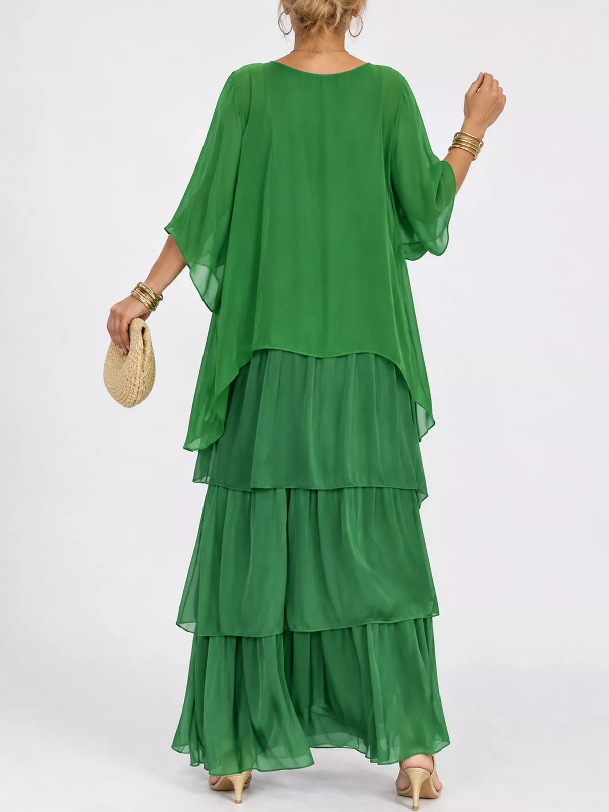 Layered Batwing-Sleeve Tiered Maxi Dress