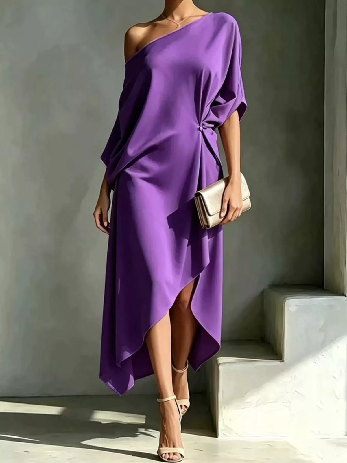 One-Shoulder Asymmetric Hem Midi Dress