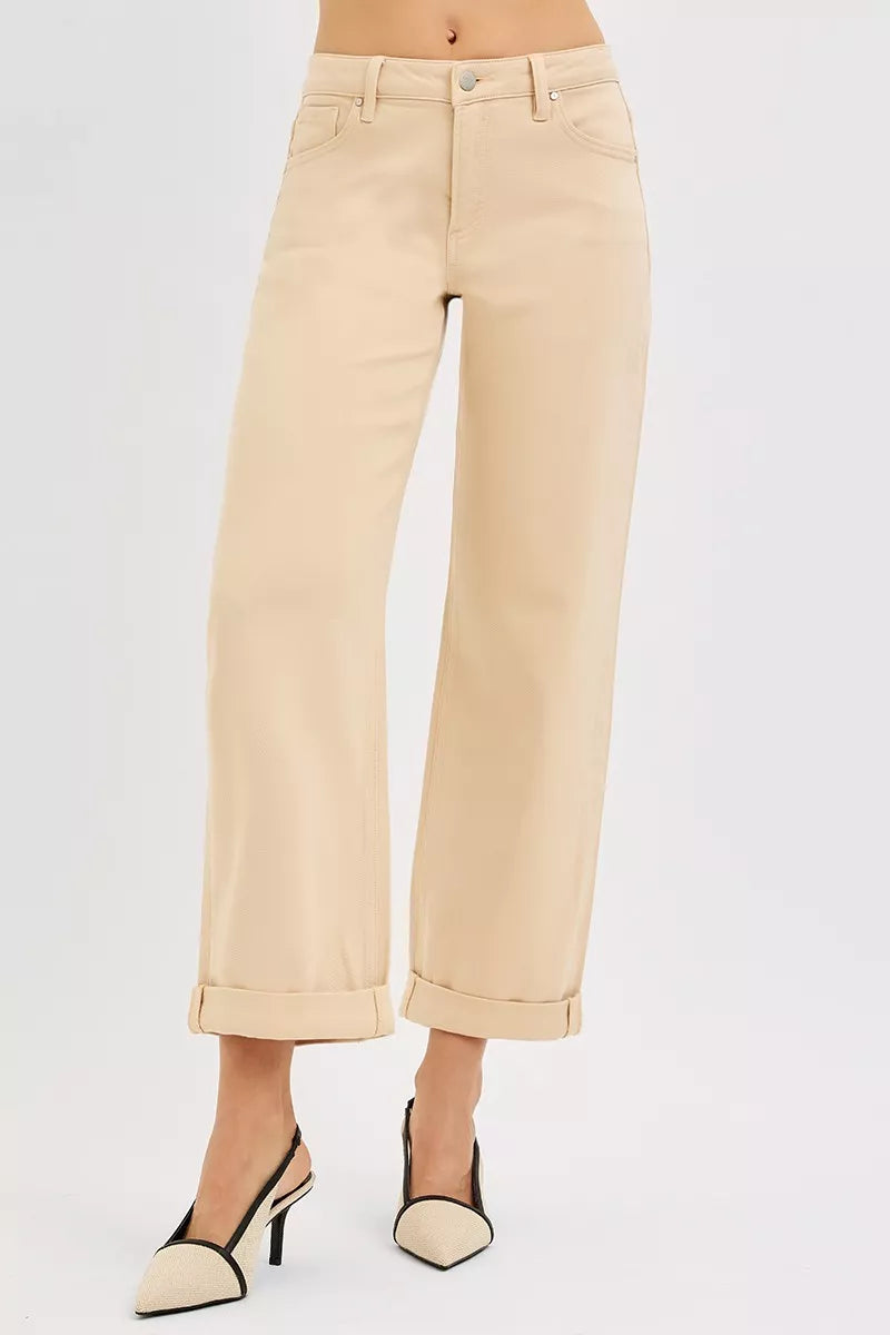 Risen Mid Rise Ankle Barrel Jeans in Butter Milk