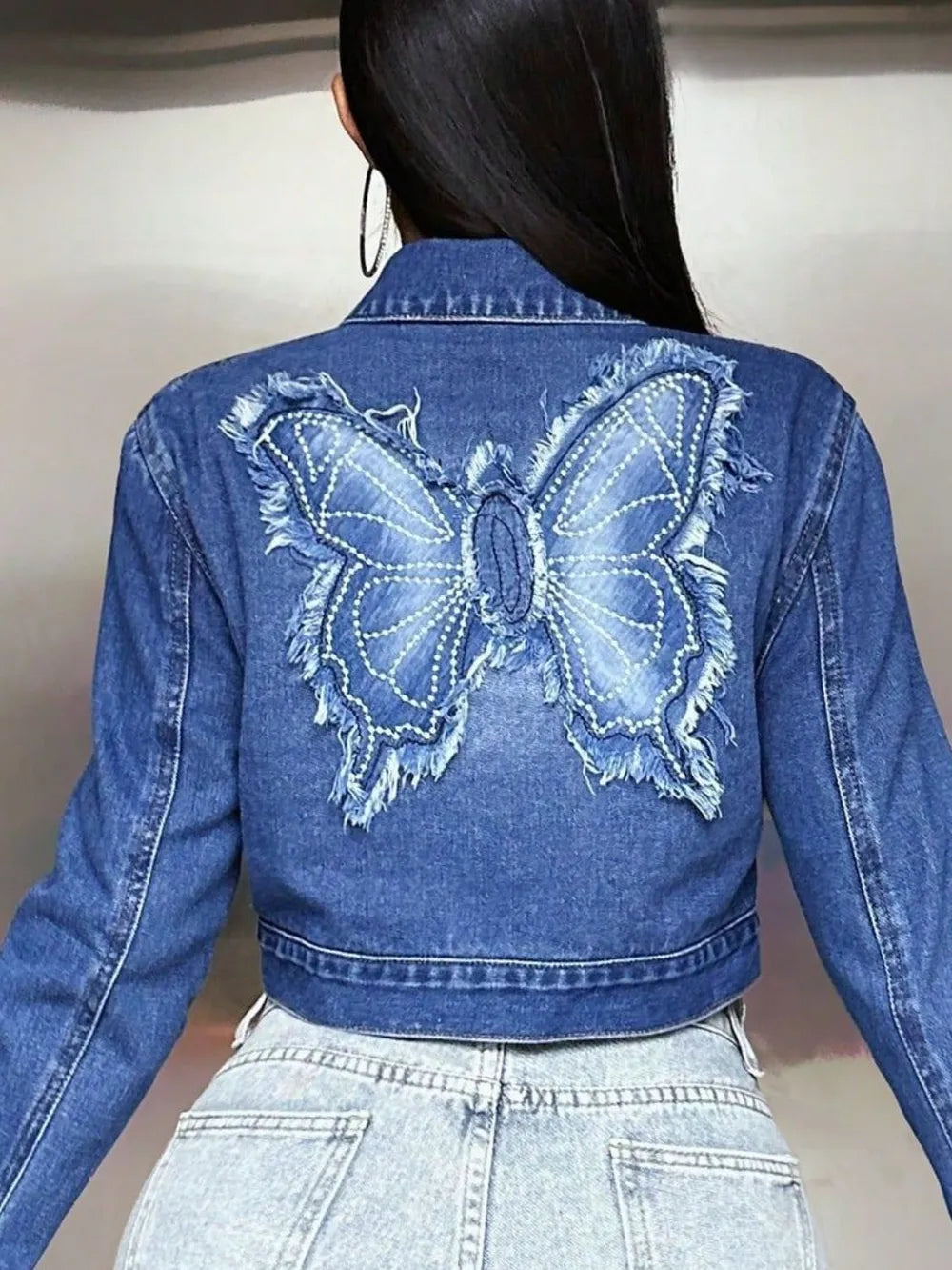 Butterfly Patch Cropped Denim Top in Medium Wash