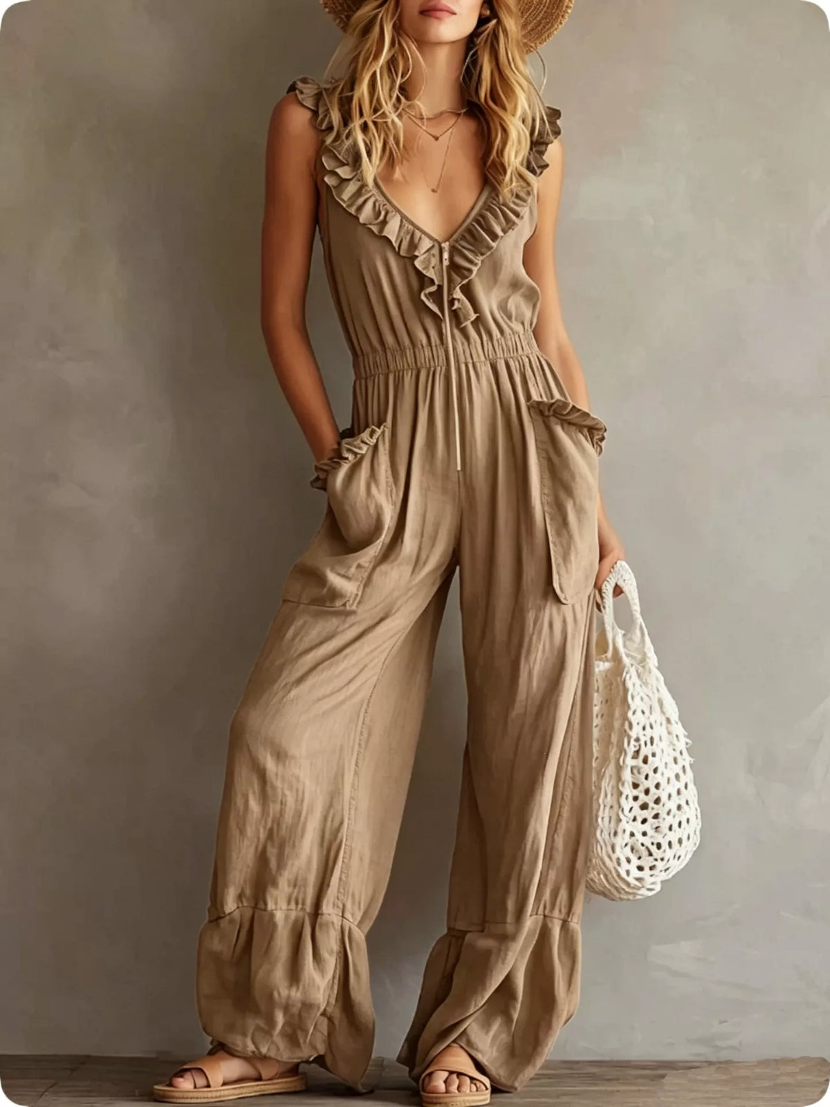 Ruffled V-Neck Jumpsuit with Pockets
