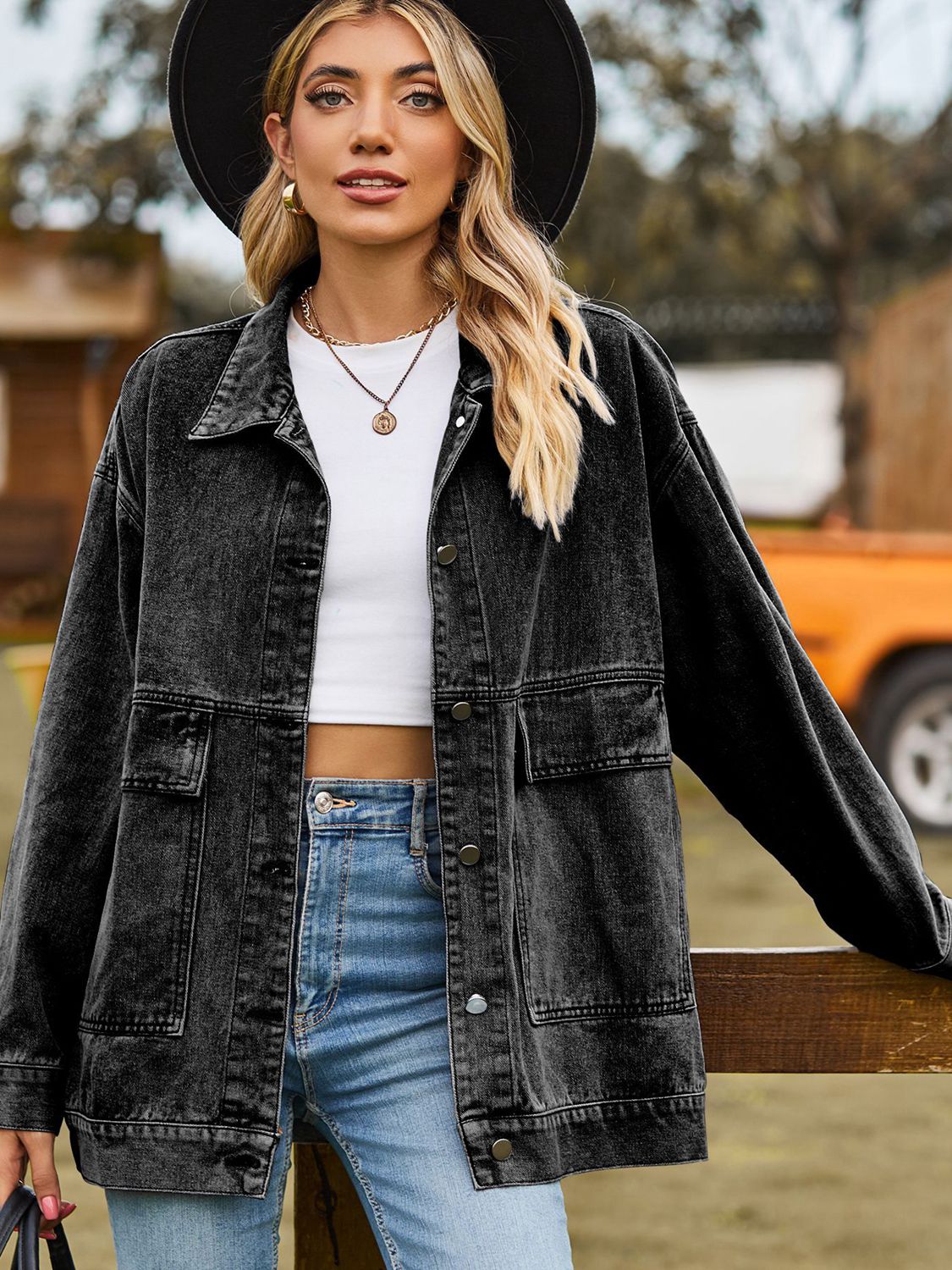 Dropped Shoulder Denim Jacket with Pockets by Manny