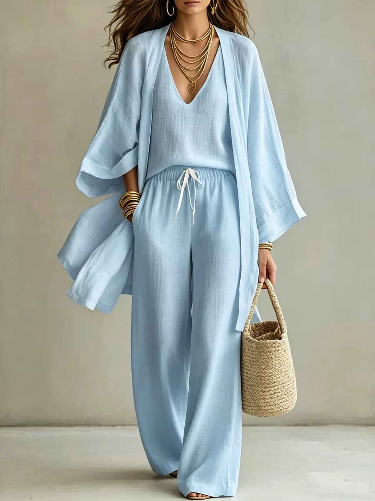 V-Neck Top, Cardigan and Pants Set