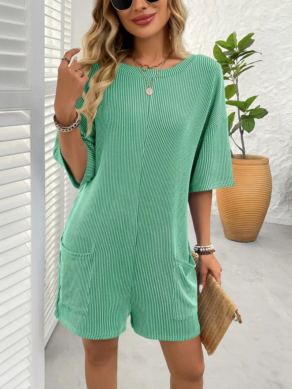 Backless Textured Half Sleeve Romper