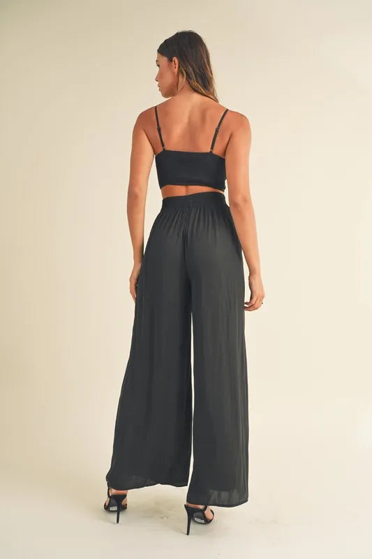 Smocked Bralette Top and Wide Leg Pants Set in Black