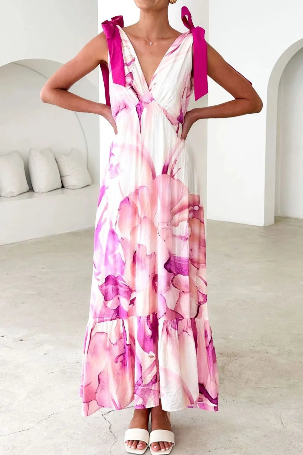 Printed Tie-Shoulder Ruched V-Neck Midi Dress