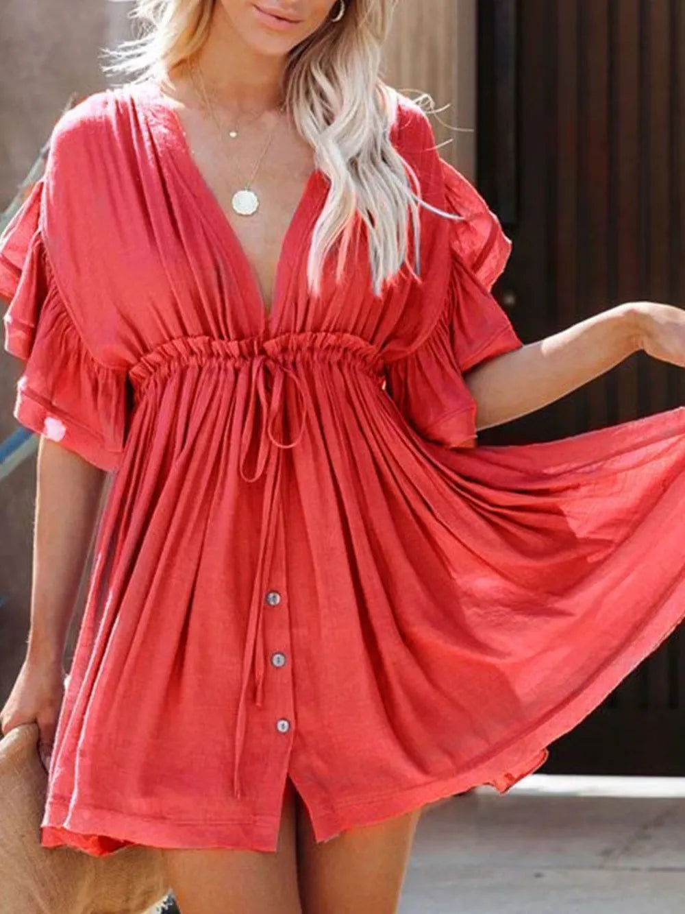 Drawstring Ruffled Mini Dress