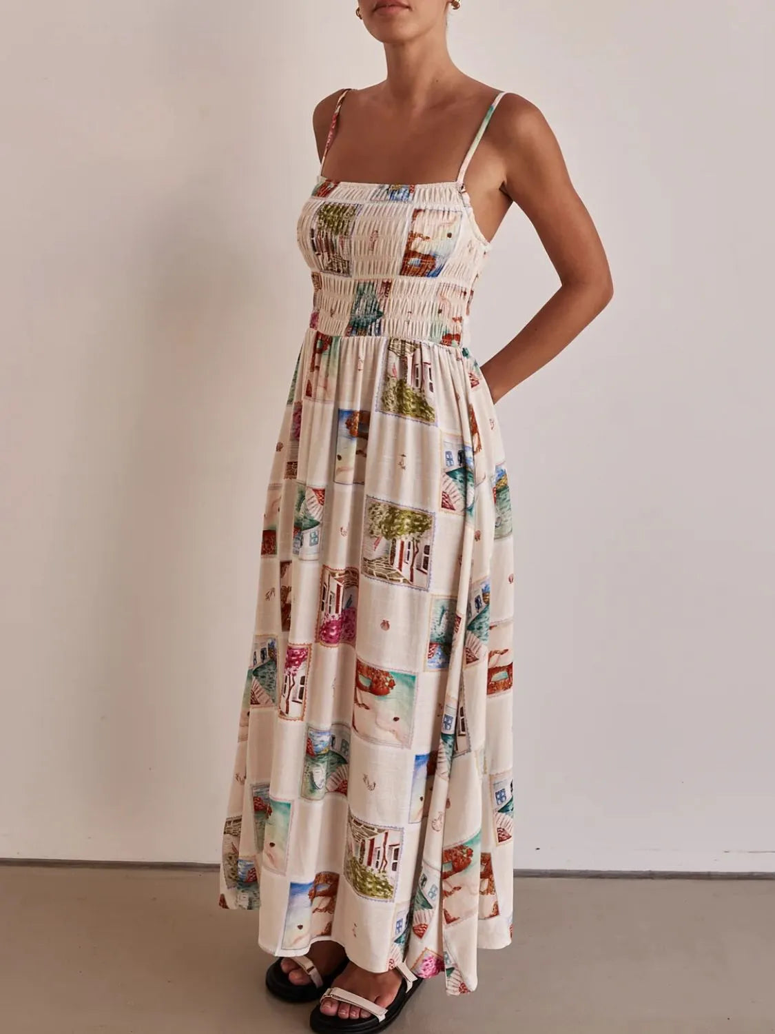 Smocked Square-Neck Cami Dress in Multicolor